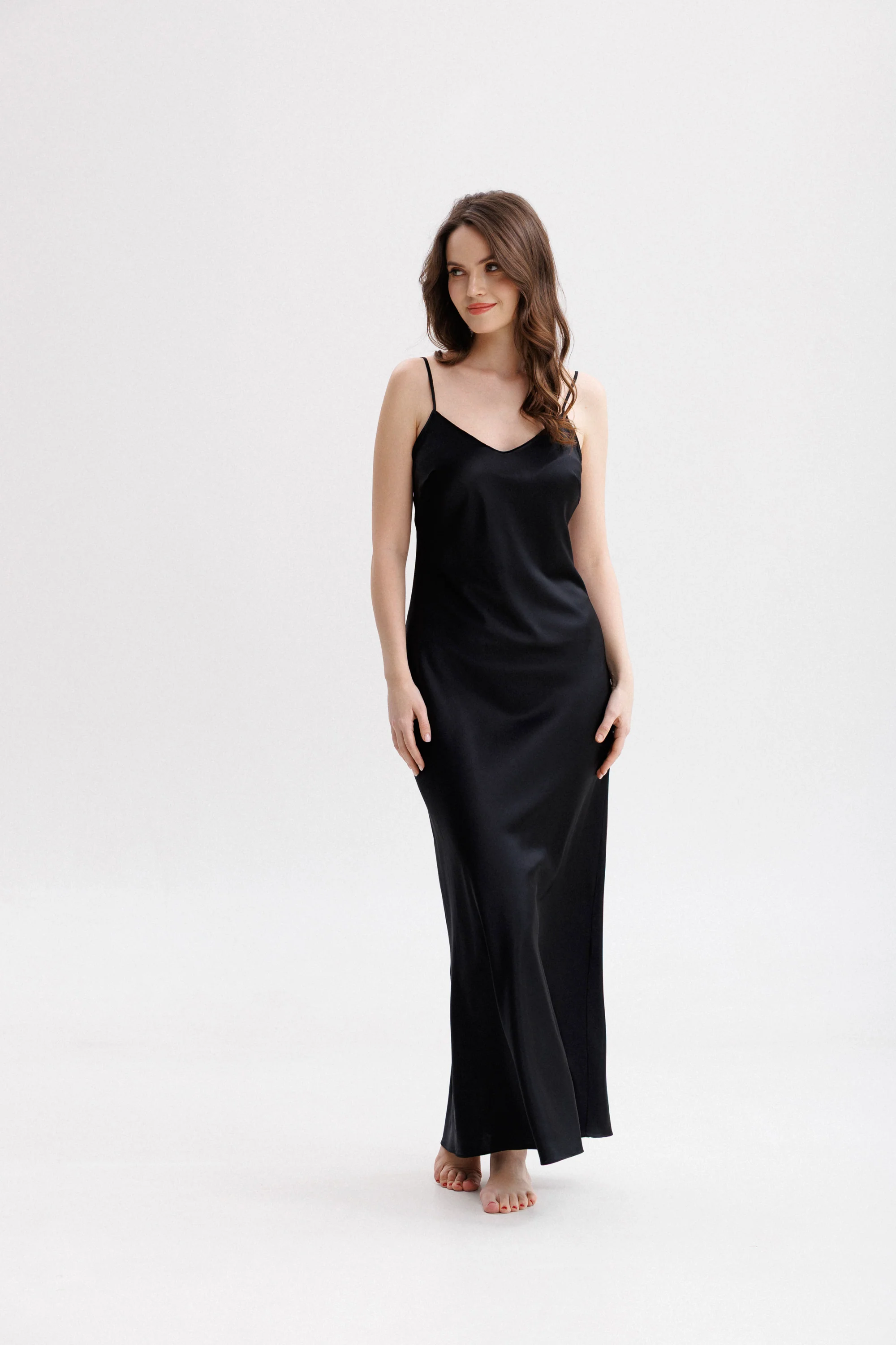 Long Silk Slip Dress in Black