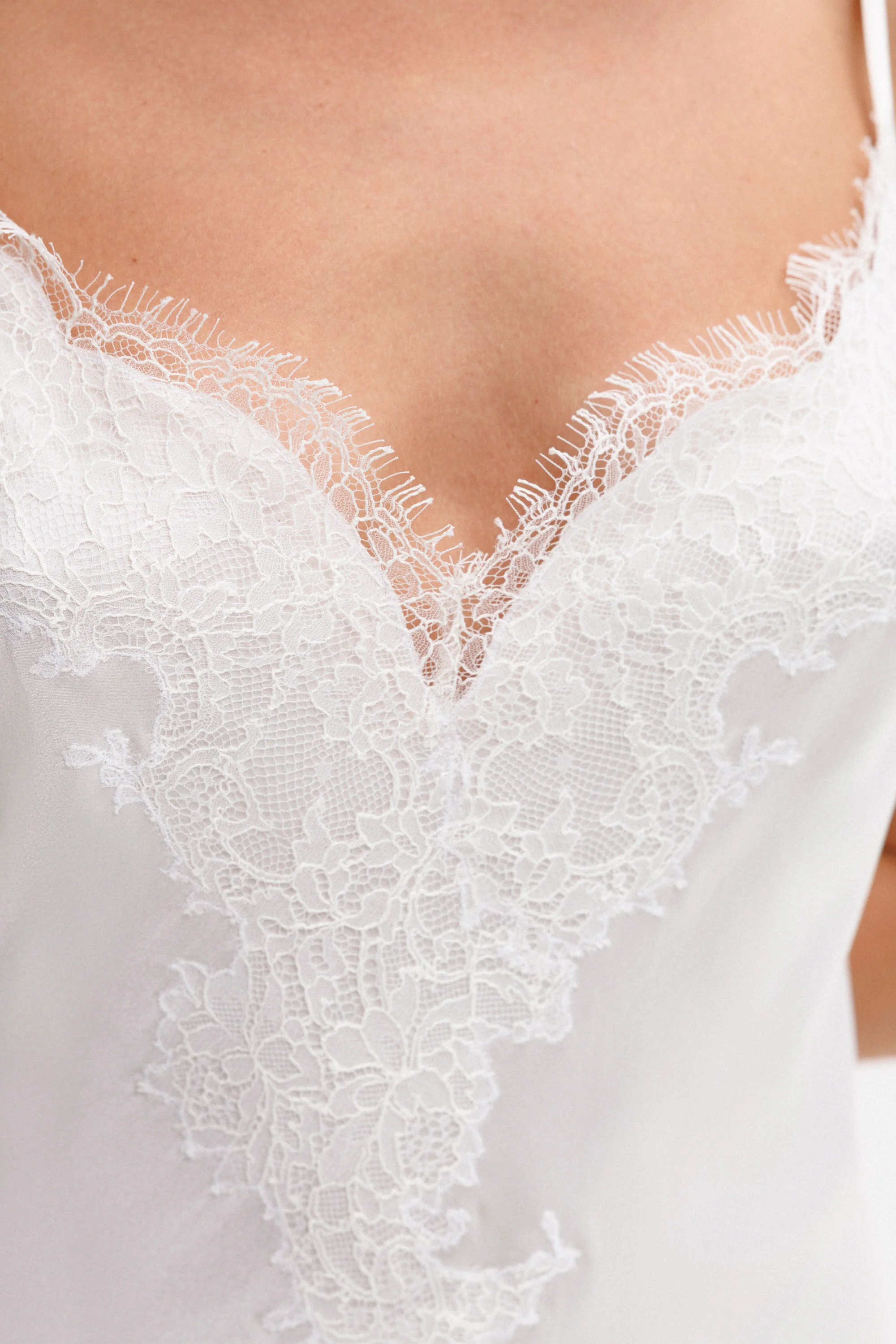 Veloura Long Silk Slip Dress in Ivory with Ivory Caudry Lace