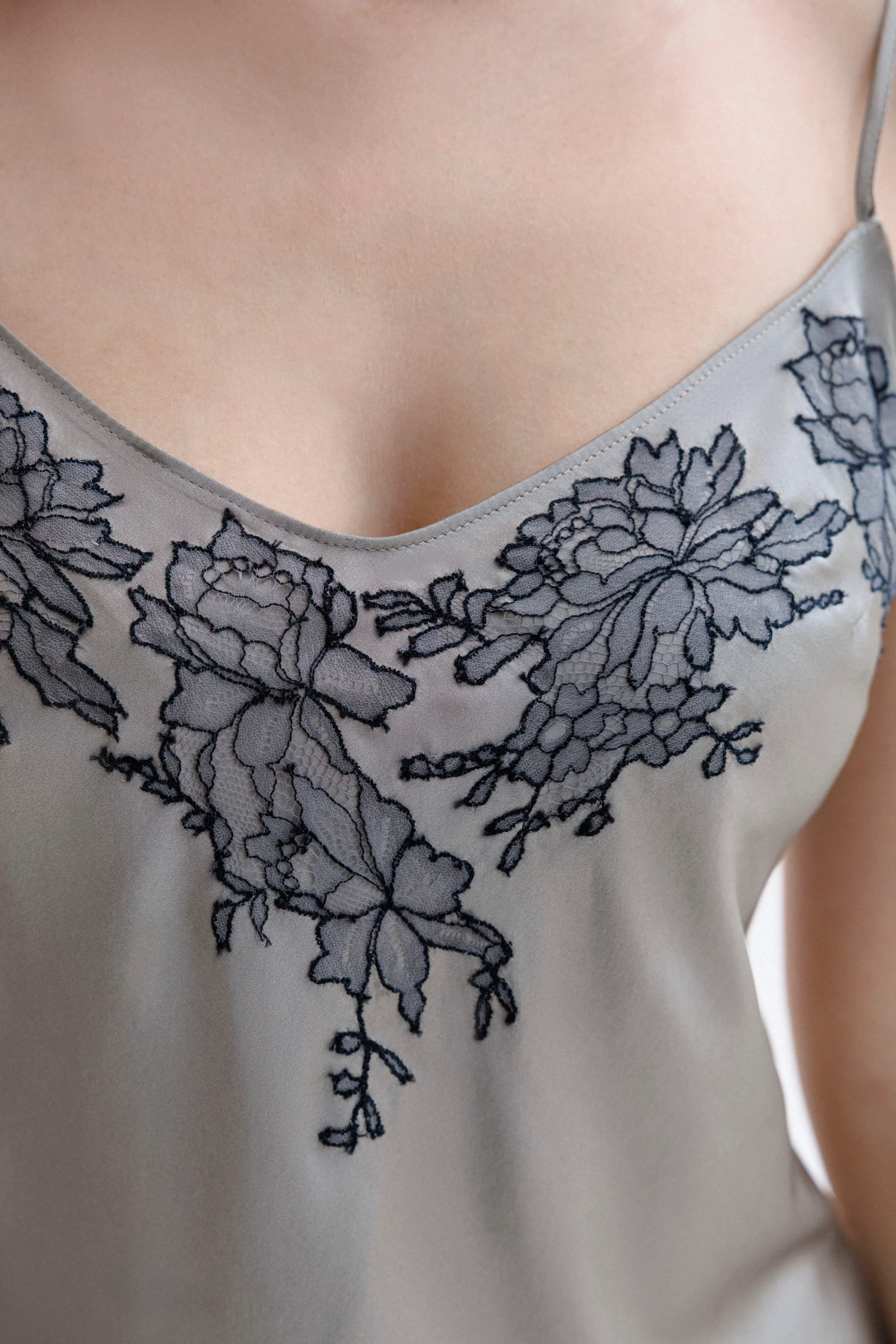 Short Silk Slip Dress in Grey with Anthracite Leavers Lace
