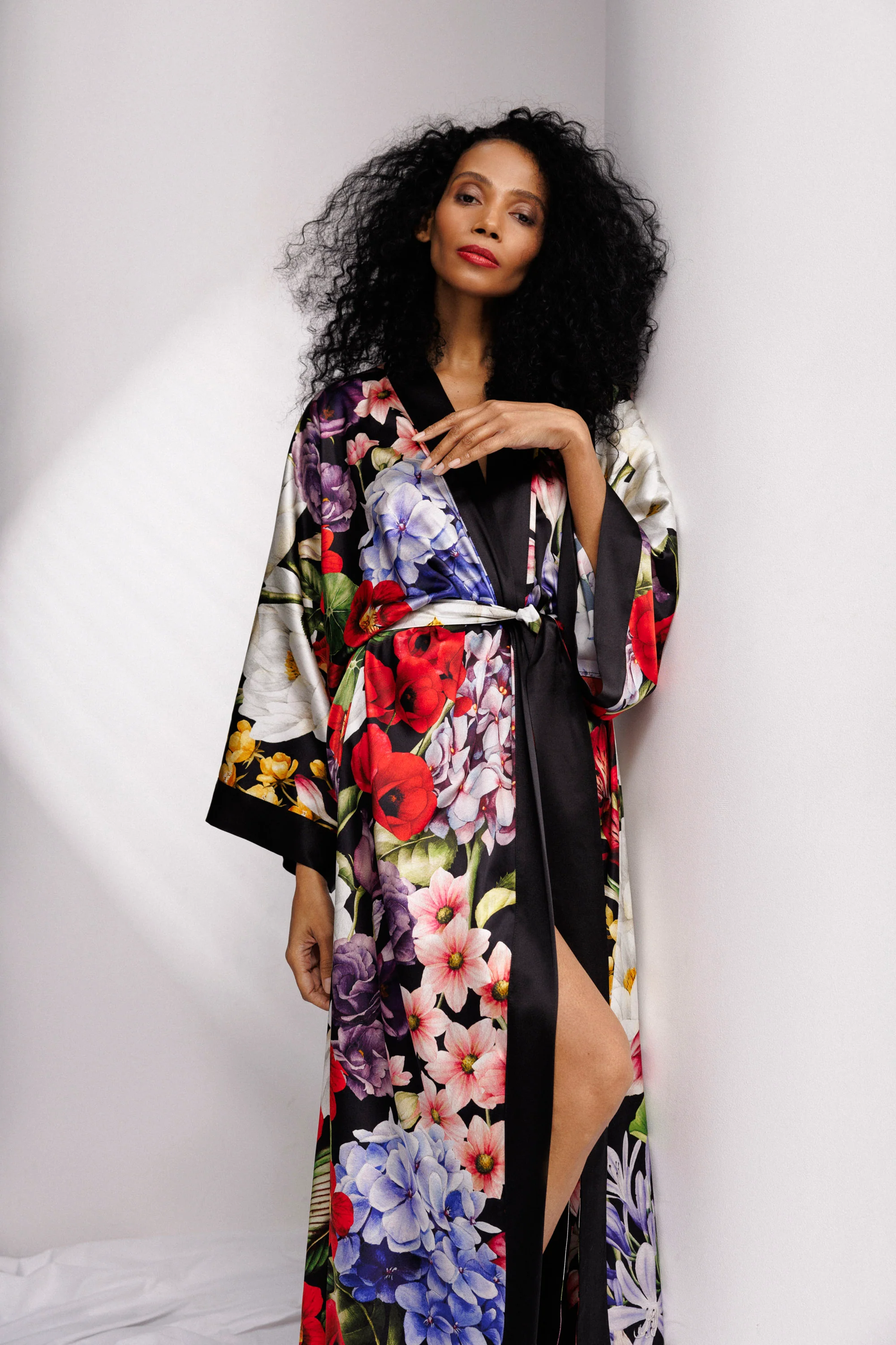 Wild Bloom Long Robe in Black