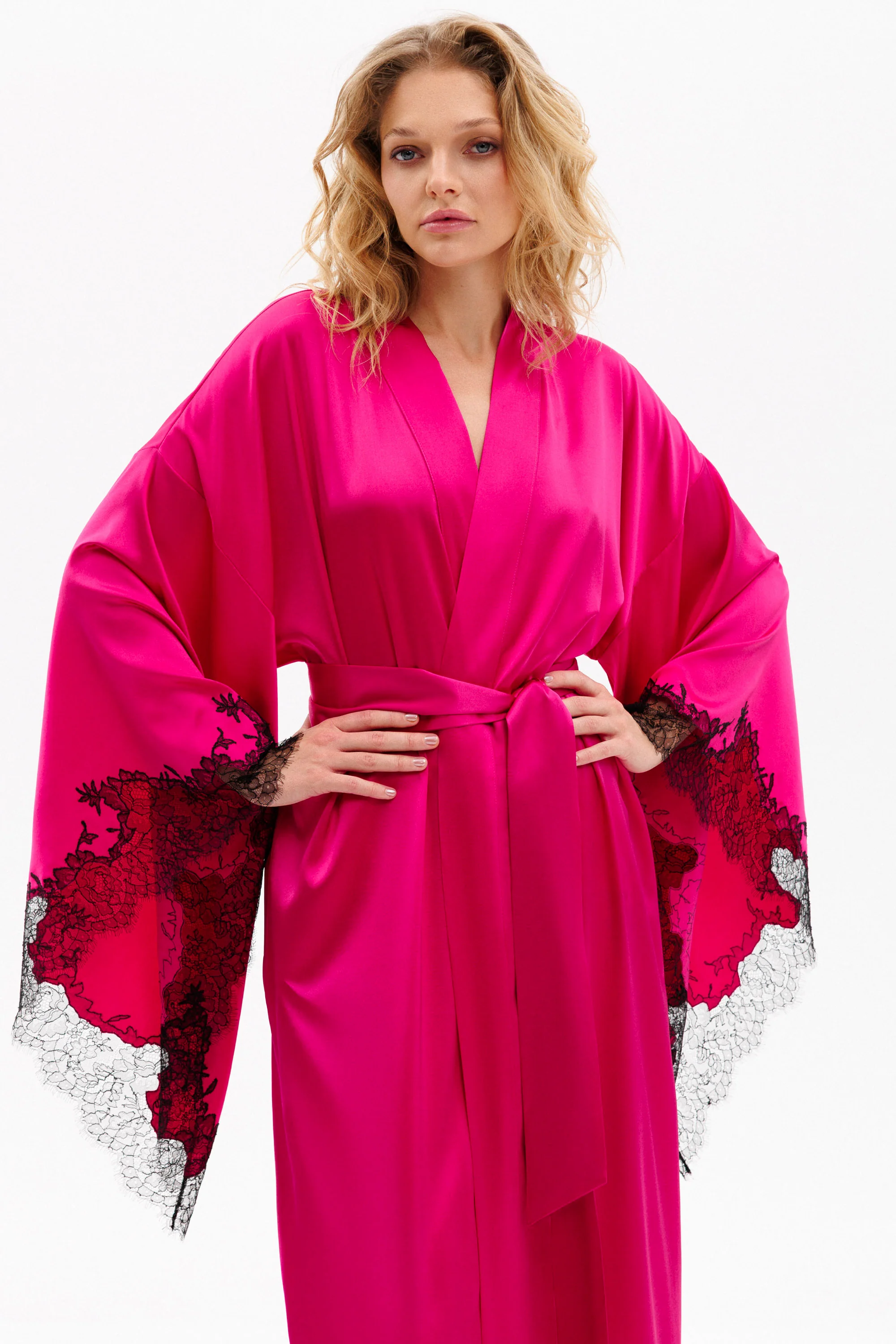 Veloura Long Silk Kimono in Fuchsia with Black Caudry Lace