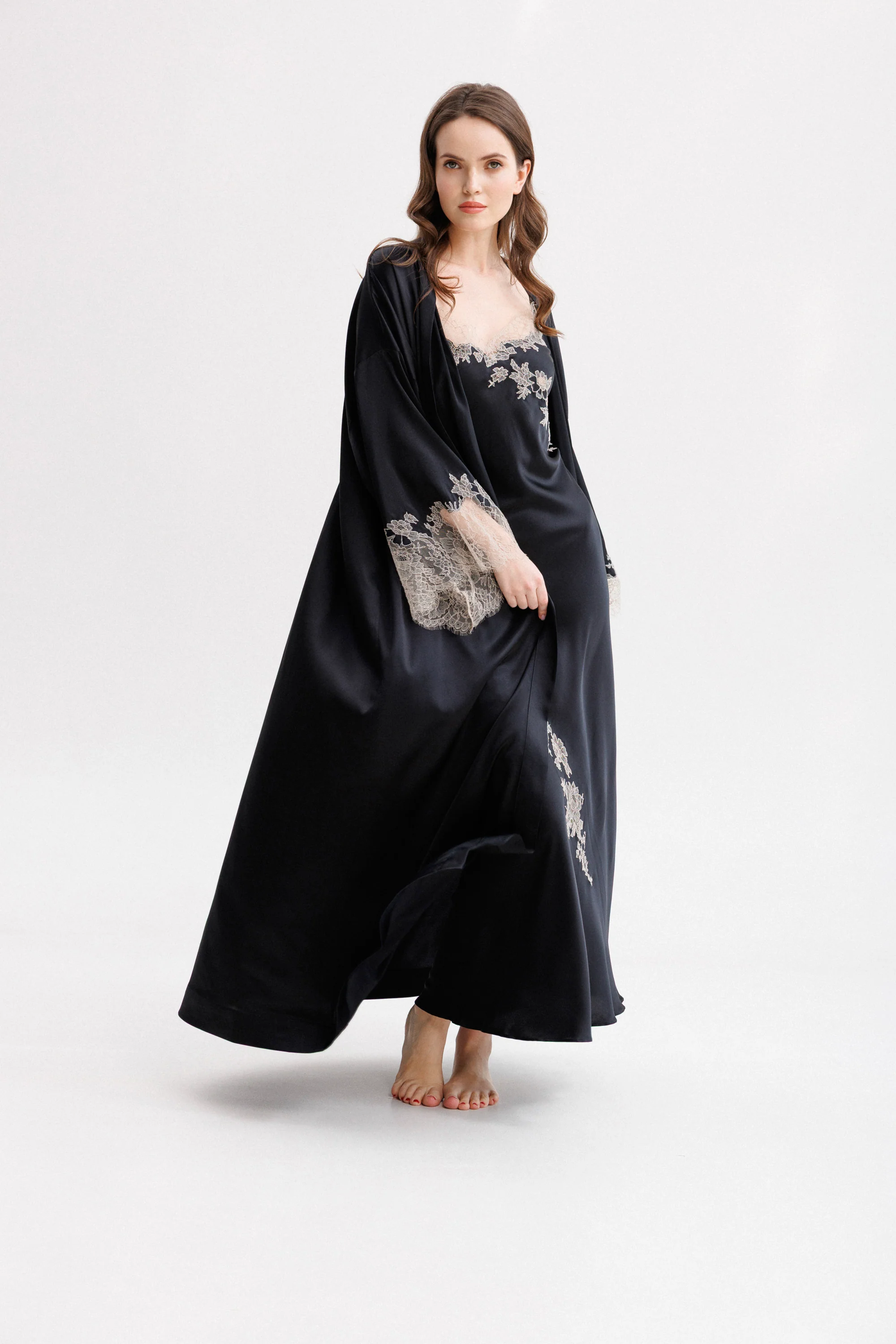 Long Silk Slip Dress in Black with Nude Caudry Lace