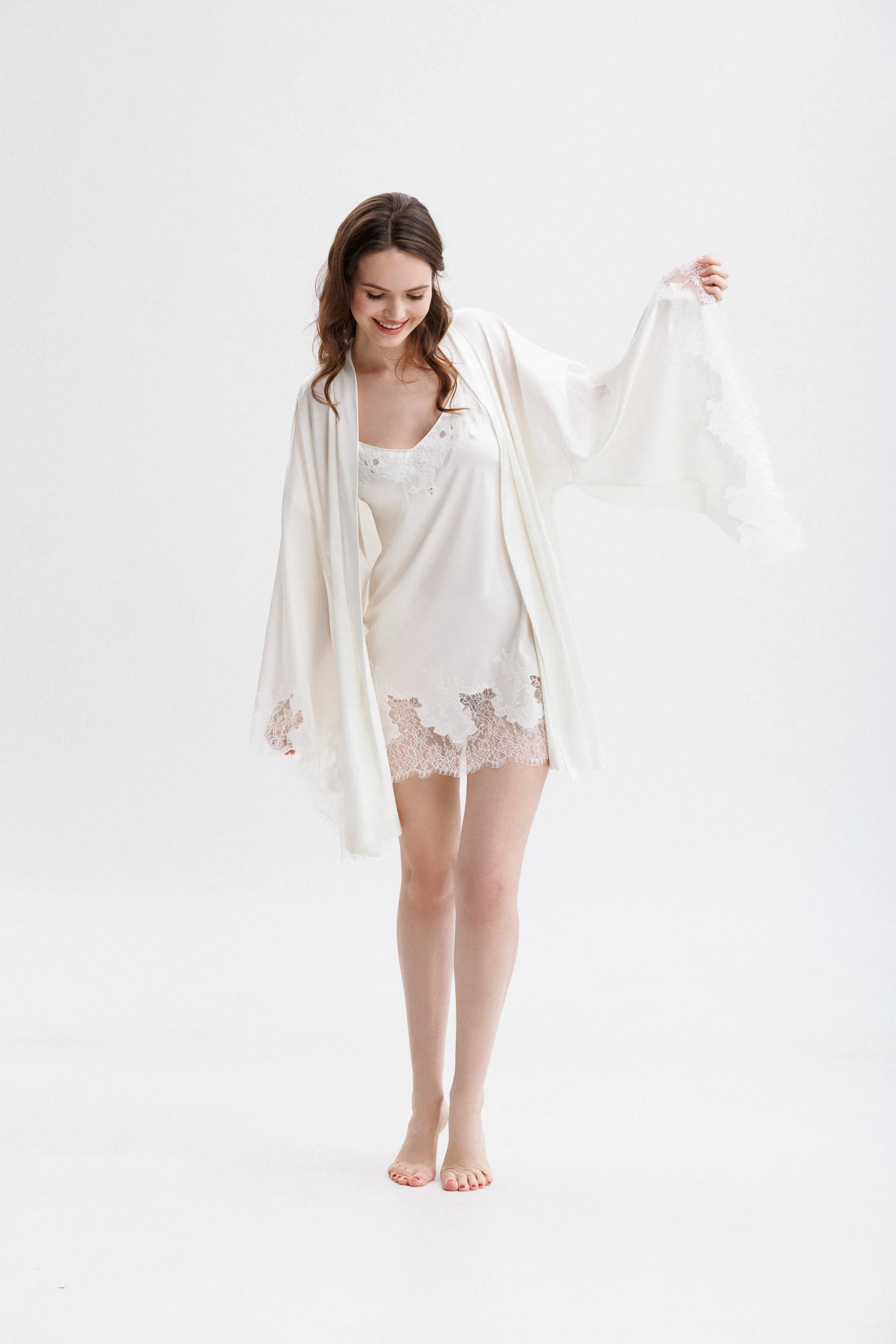 Short Silk Slip Dress in Ivory with Ivory Caudry Lace