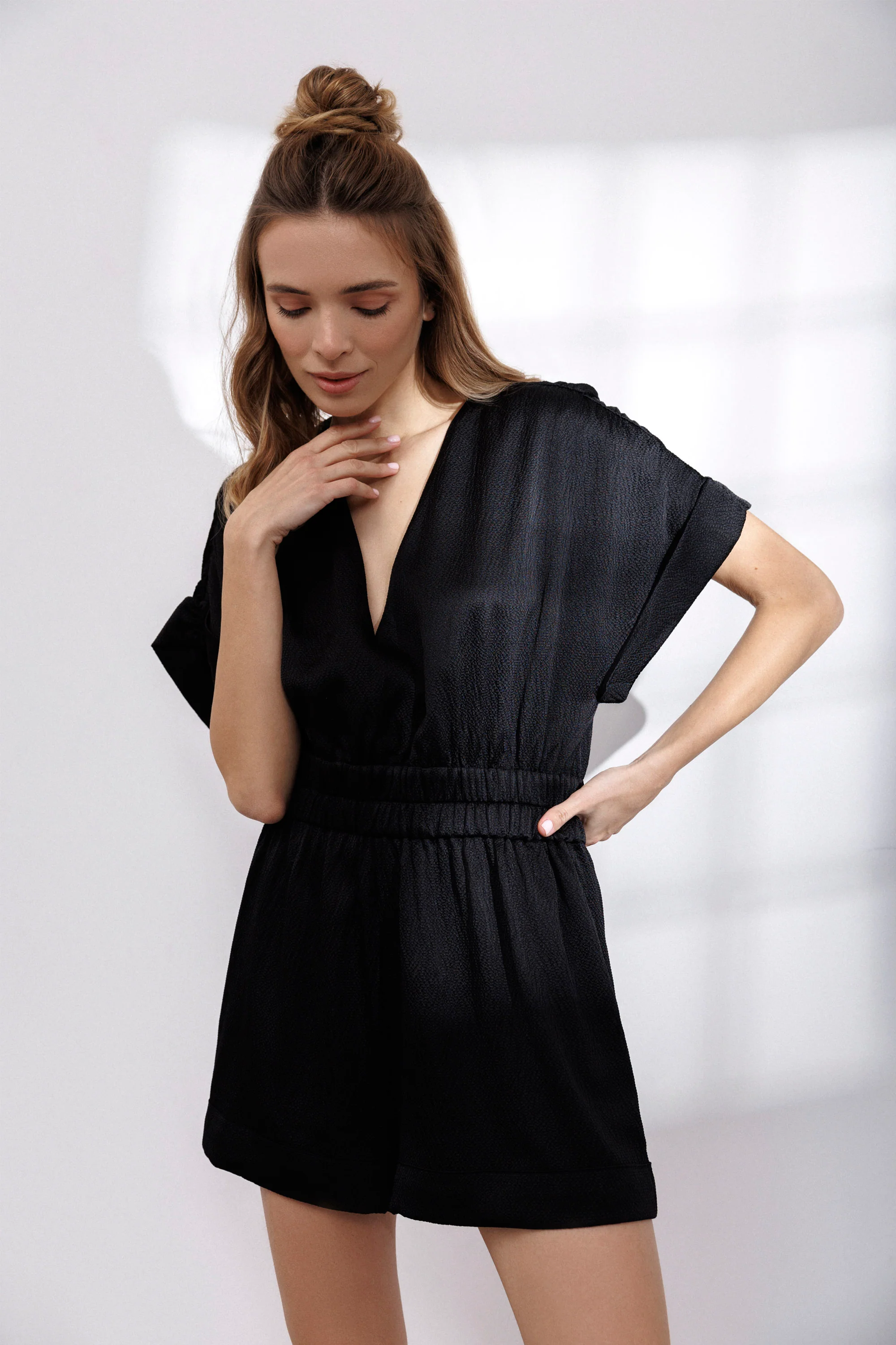 Bubble Silk Romper in Black