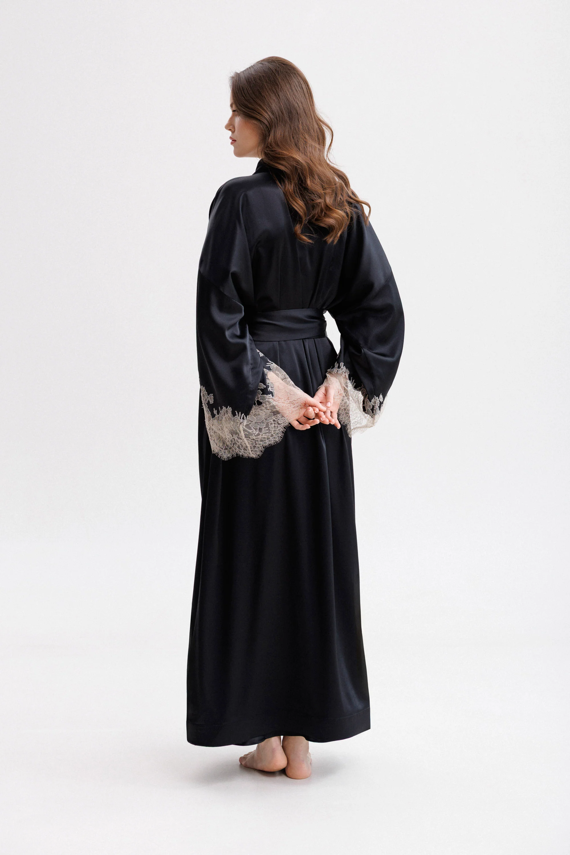 Long Silk Kimono in Black with Nude Caudry Lace