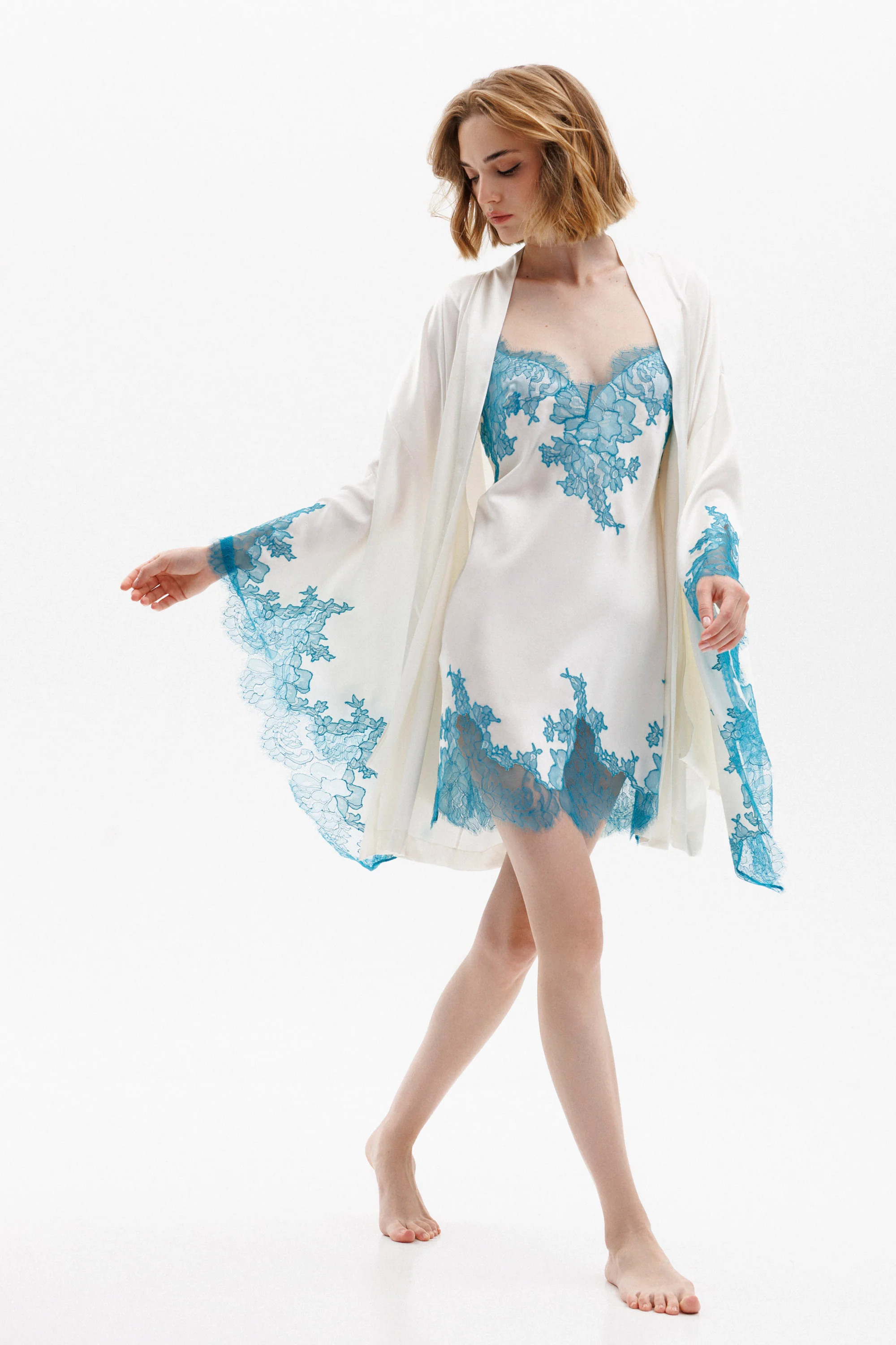 Short Silk Slip Dress in Ivory with Turquoise Leavers Lace