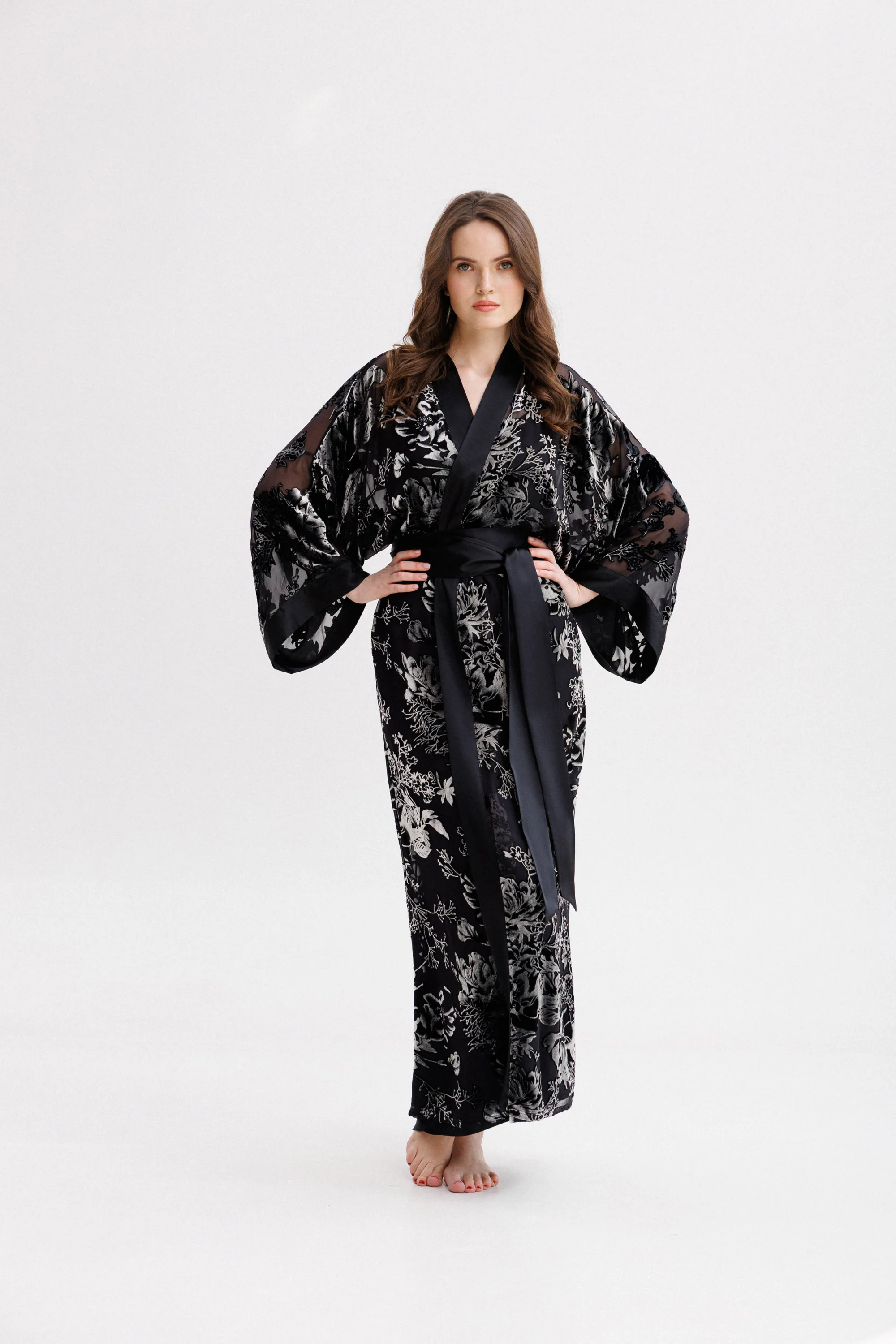 Long Silk Velvet Robe in Black