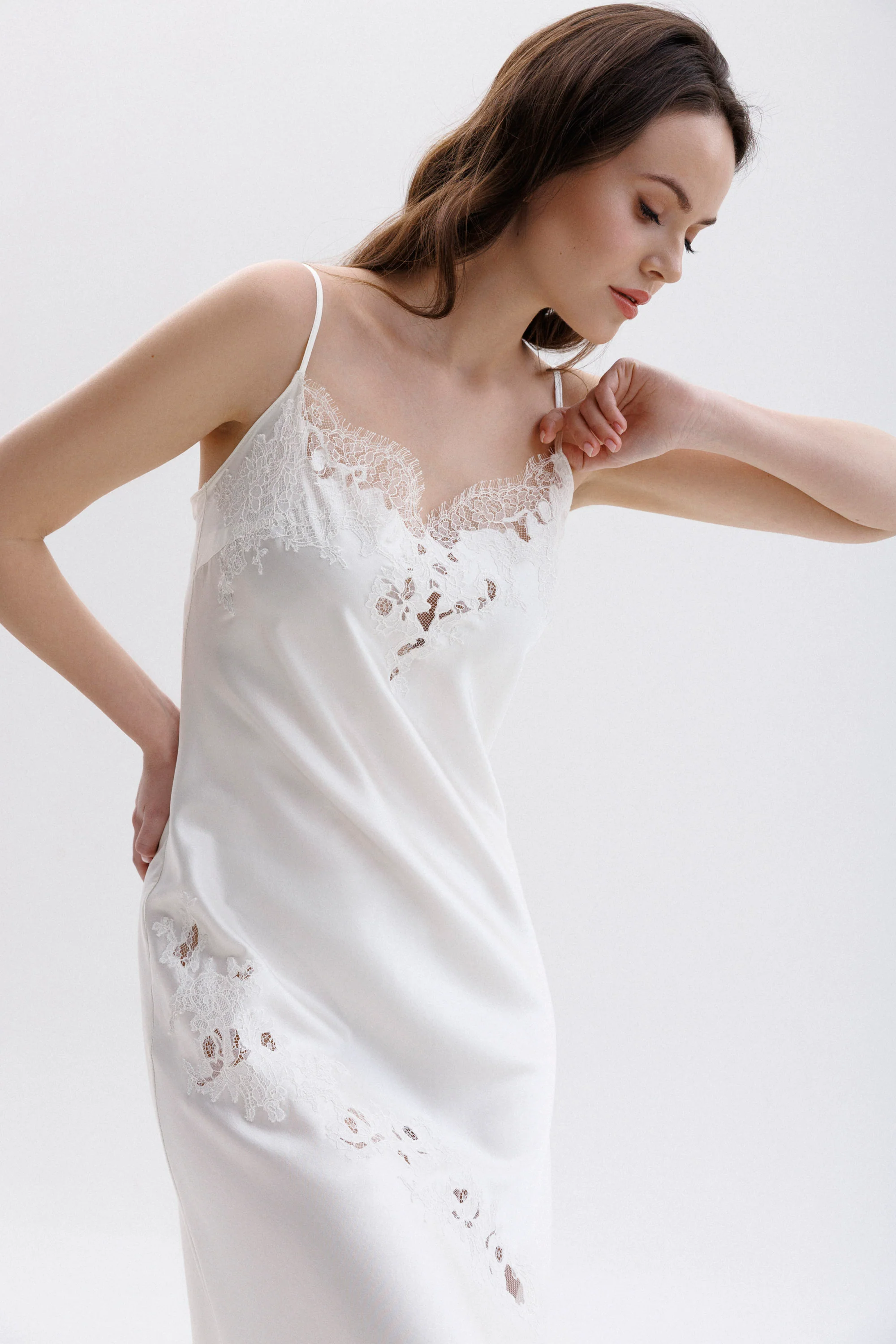 Long Silk Slip Dress in Ivory with Ivory Caudry Lace