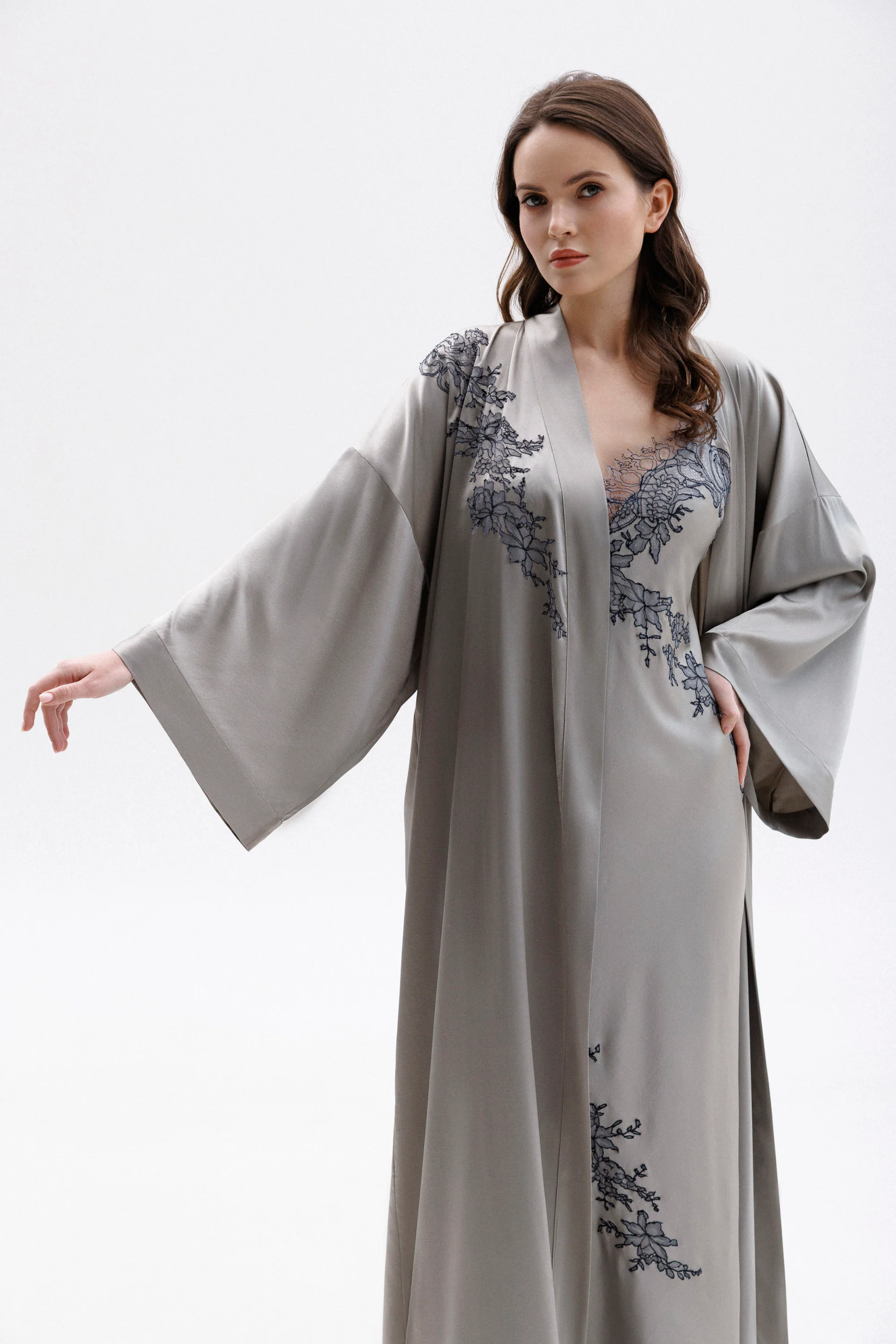 Long Silk Kimono in Grey with Anthracite Leavers Lace