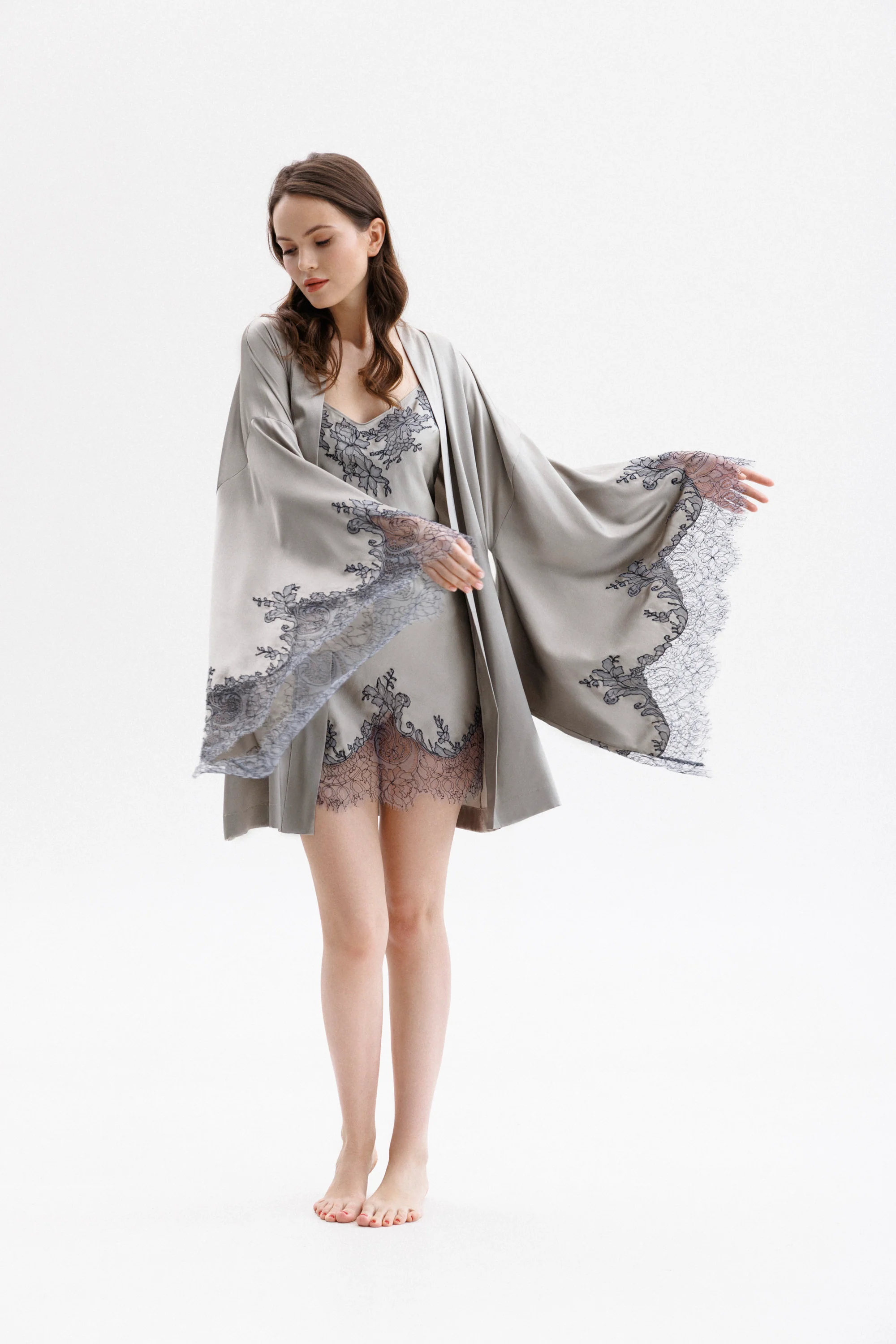 Short Silk Slip Dress in Grey with Anthracite Leavers Lace