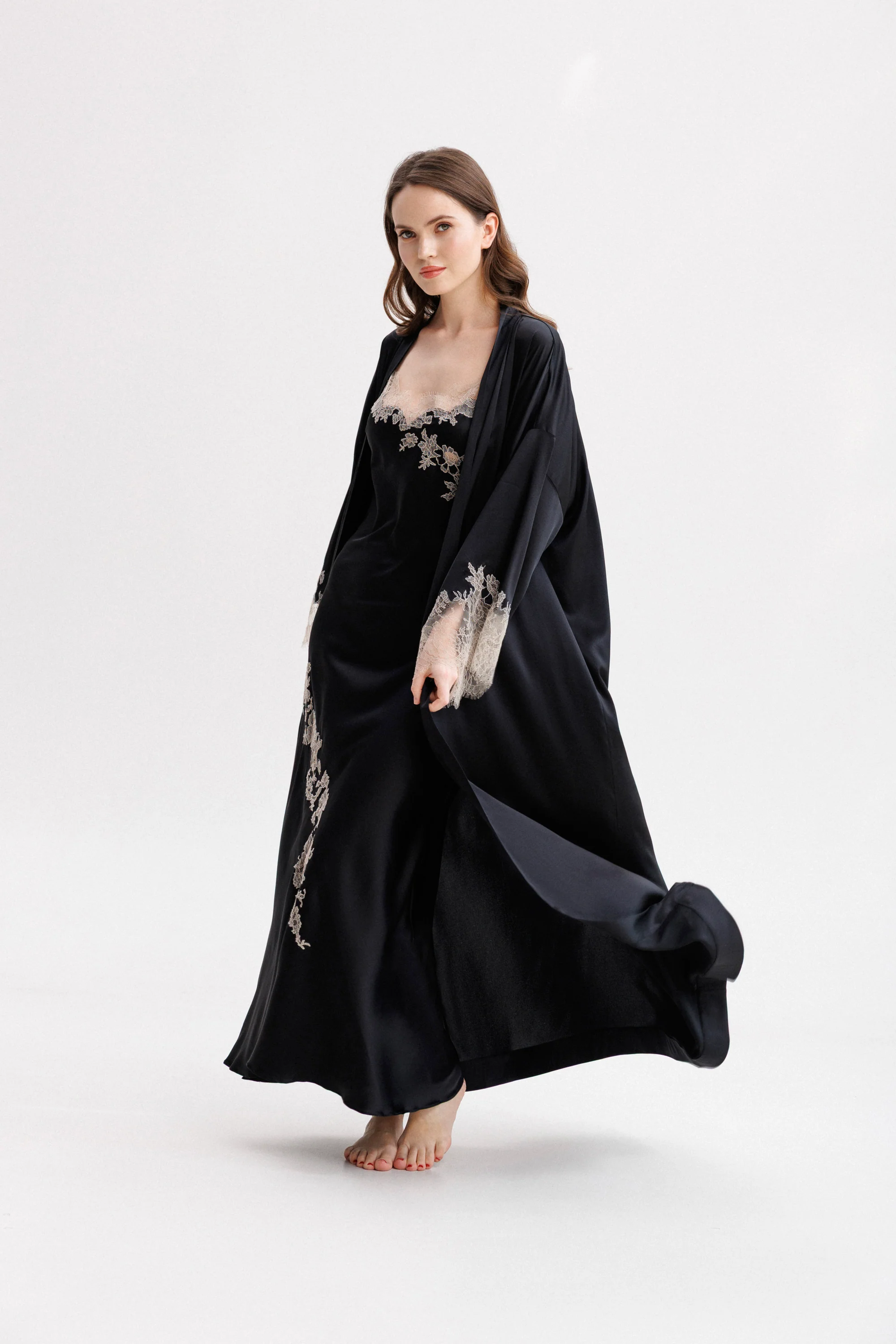 Long Silk Kimono in Black with Nude Caudry Lace