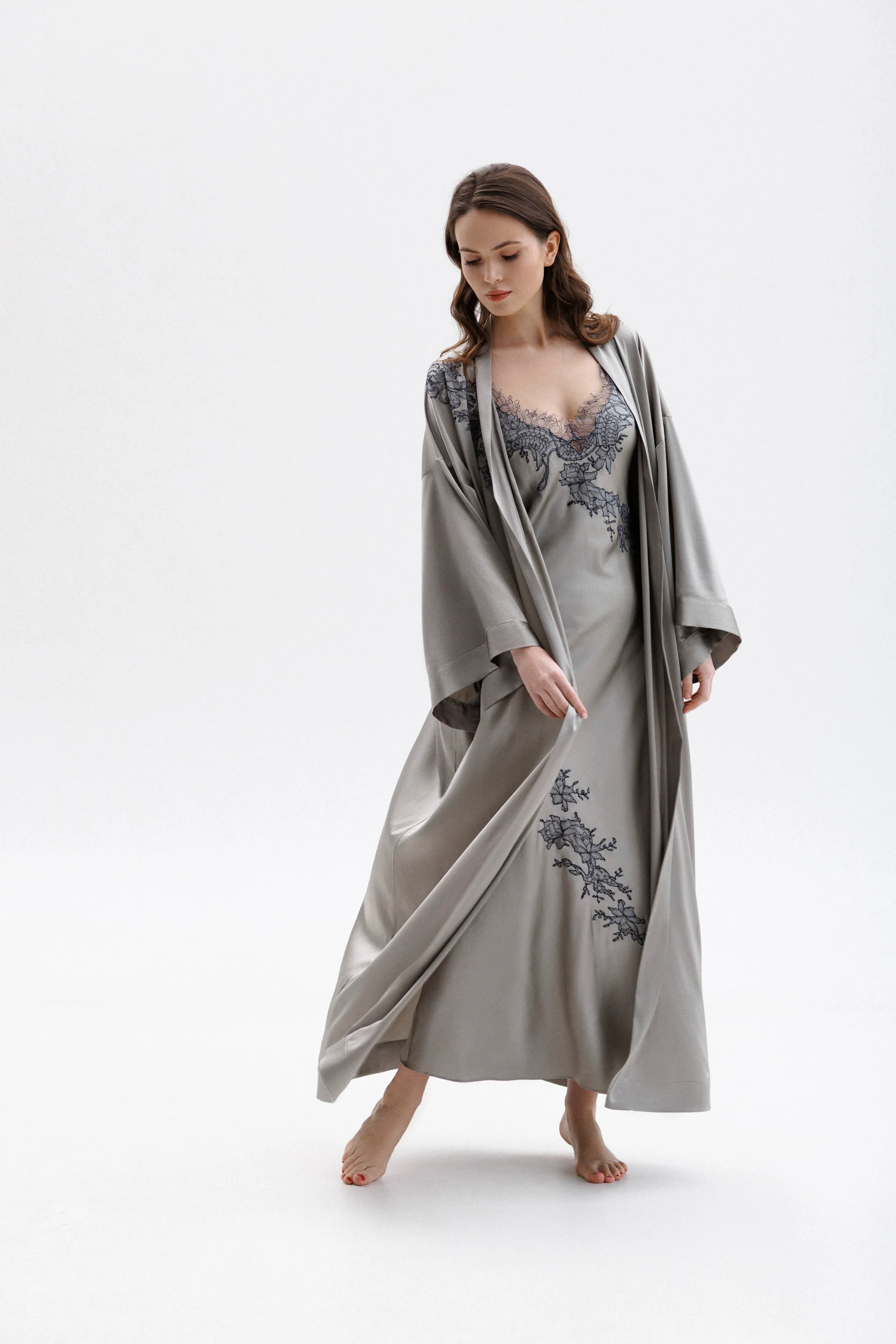 Long Silk Kimono in Grey with Anthracite Leavers Lace