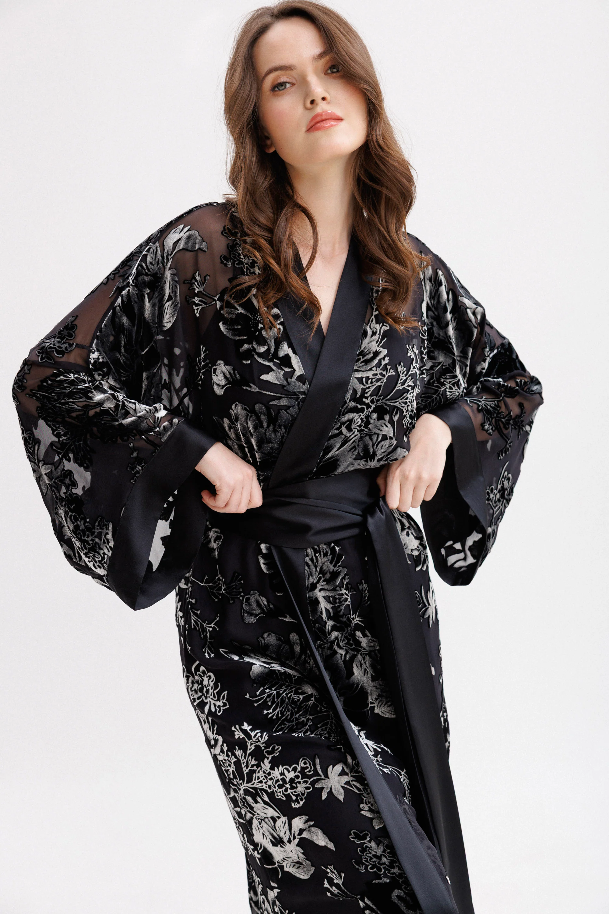 Long Silk Velvet Robe in Black