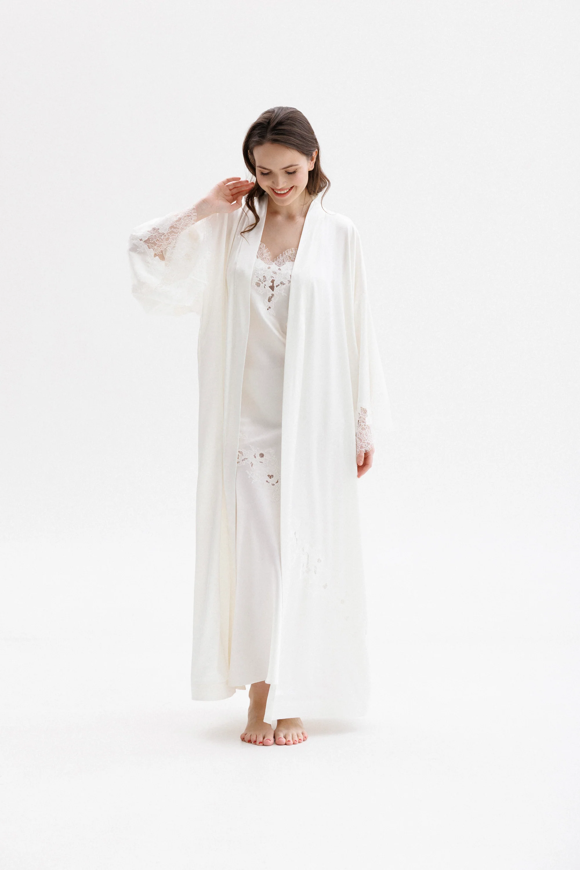 Long Silk Slip Dress in Ivory with Ivory Caudry Lace