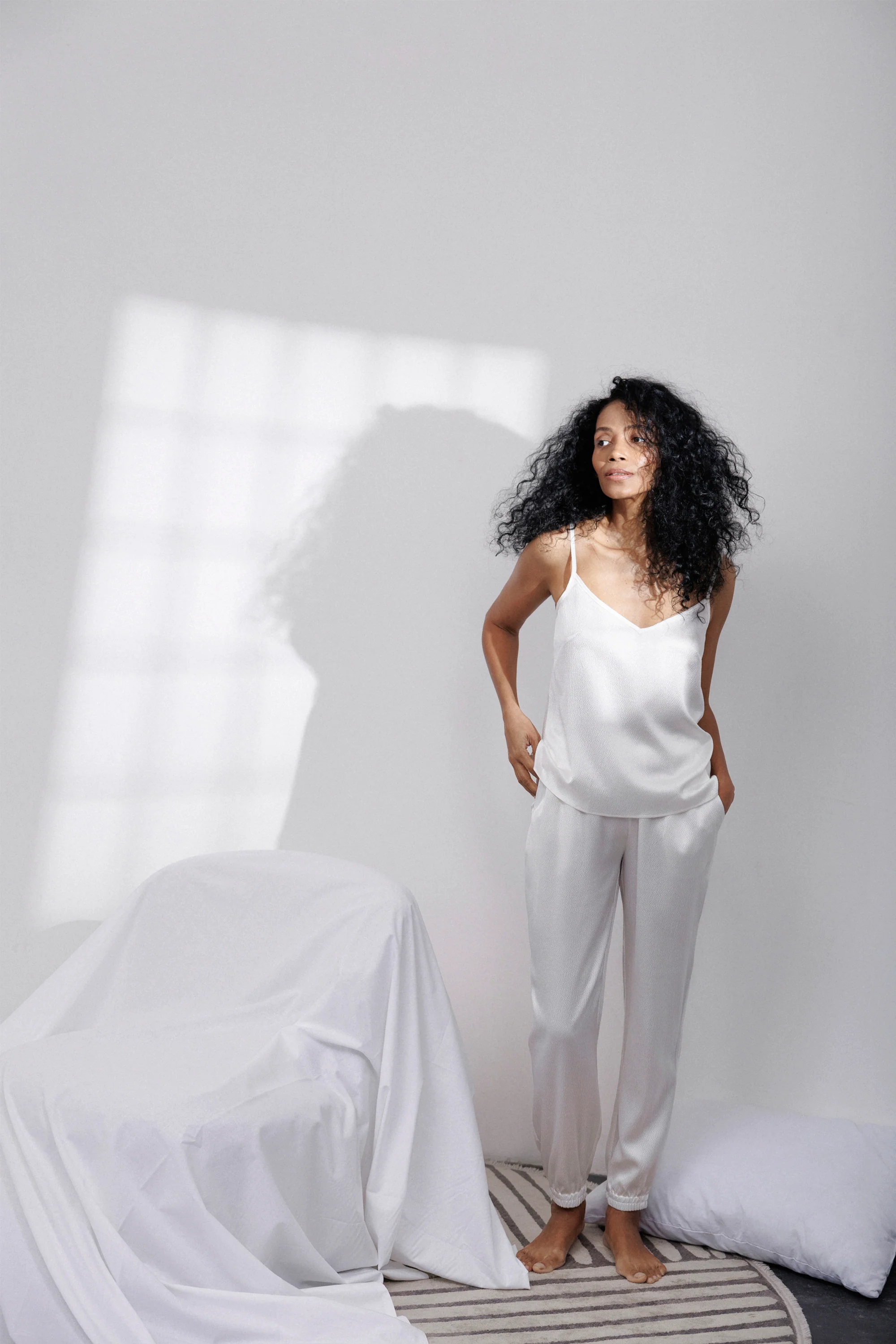 Bubble Silk Camisole and Pants Set in Off-White