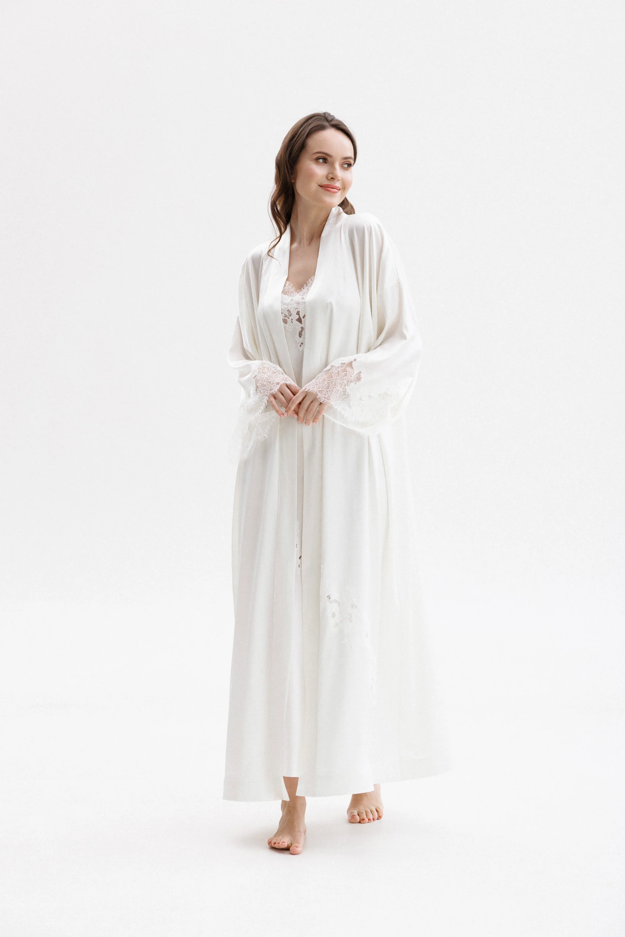 Long Silk Kimono in Ivory with Ivory Caudry Lace