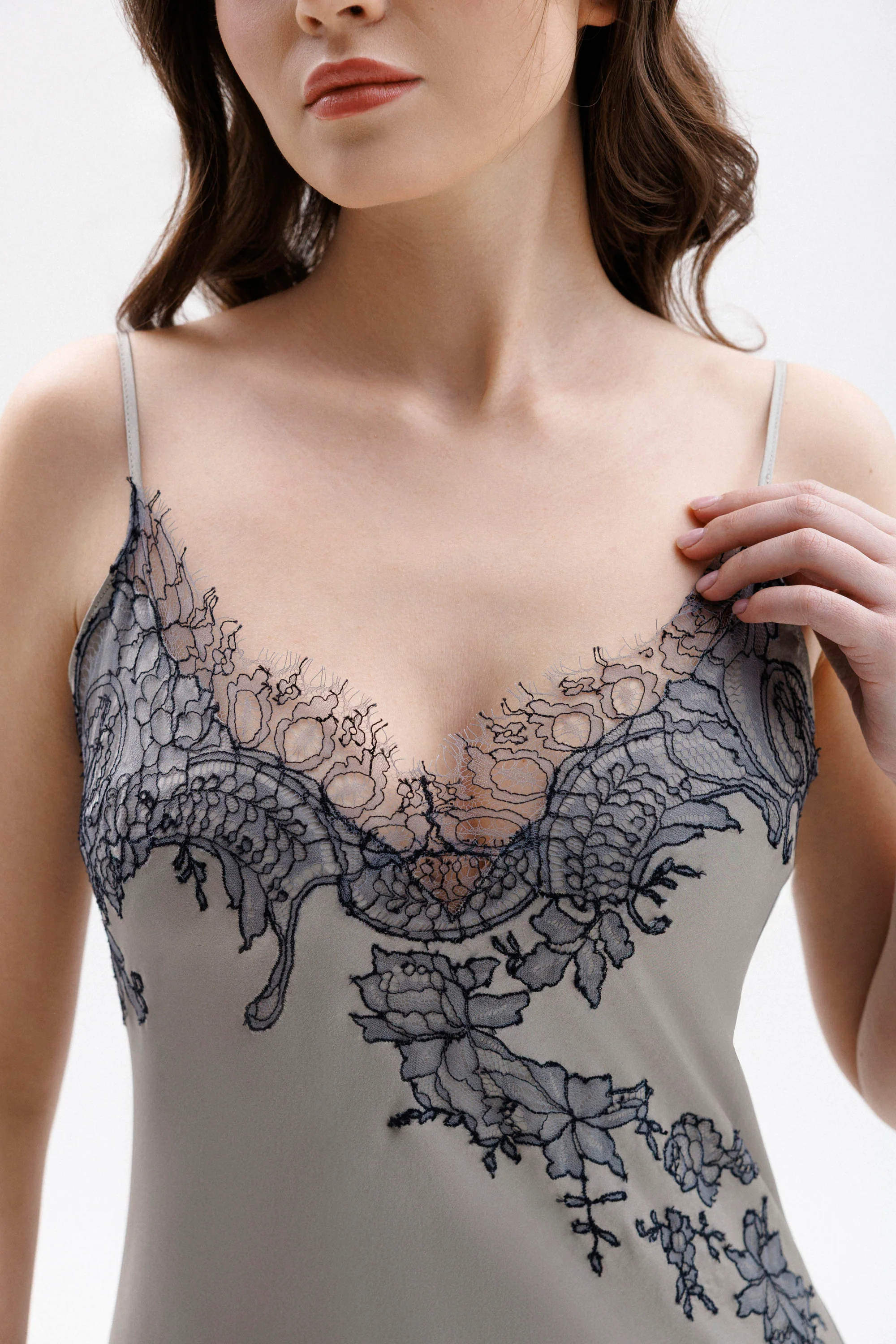 Long Silk Slip Dress in Grey with Anthracite Leavers Lace