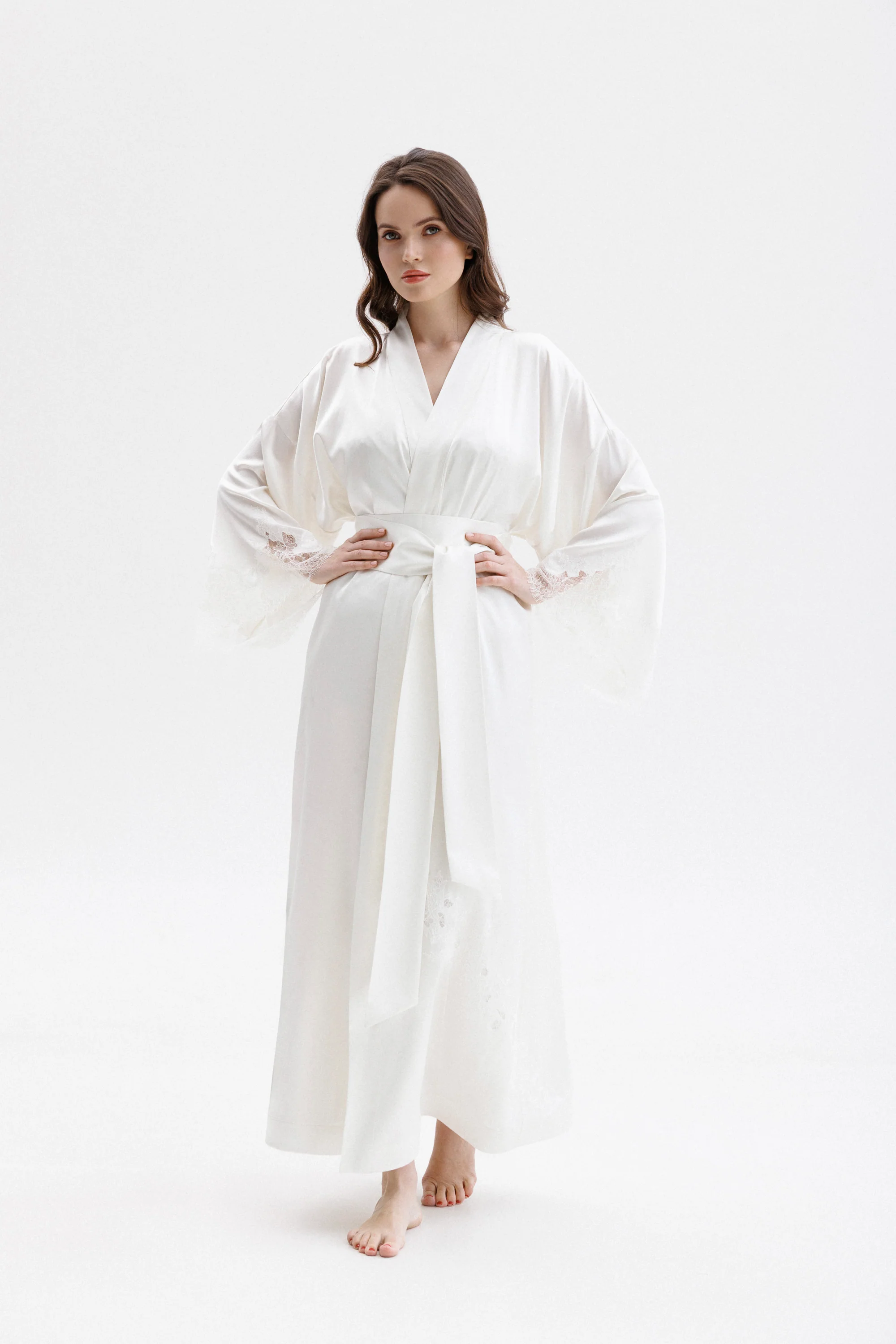 Long Silk Kimono in Ivory with Ivory Caudry Lace