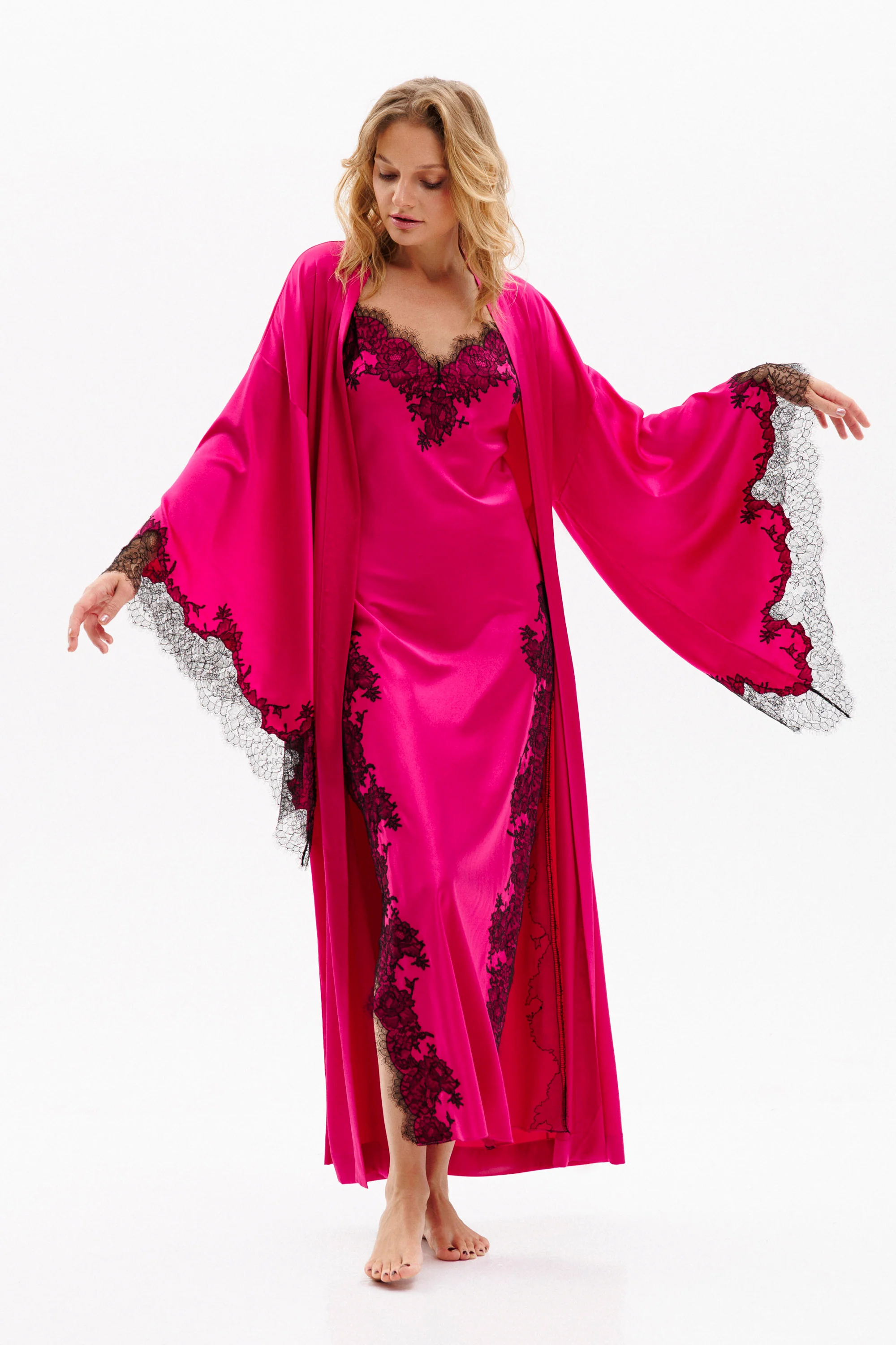 Veloura Long Silk Kimono in Fuchsia with Black Caudry Lace