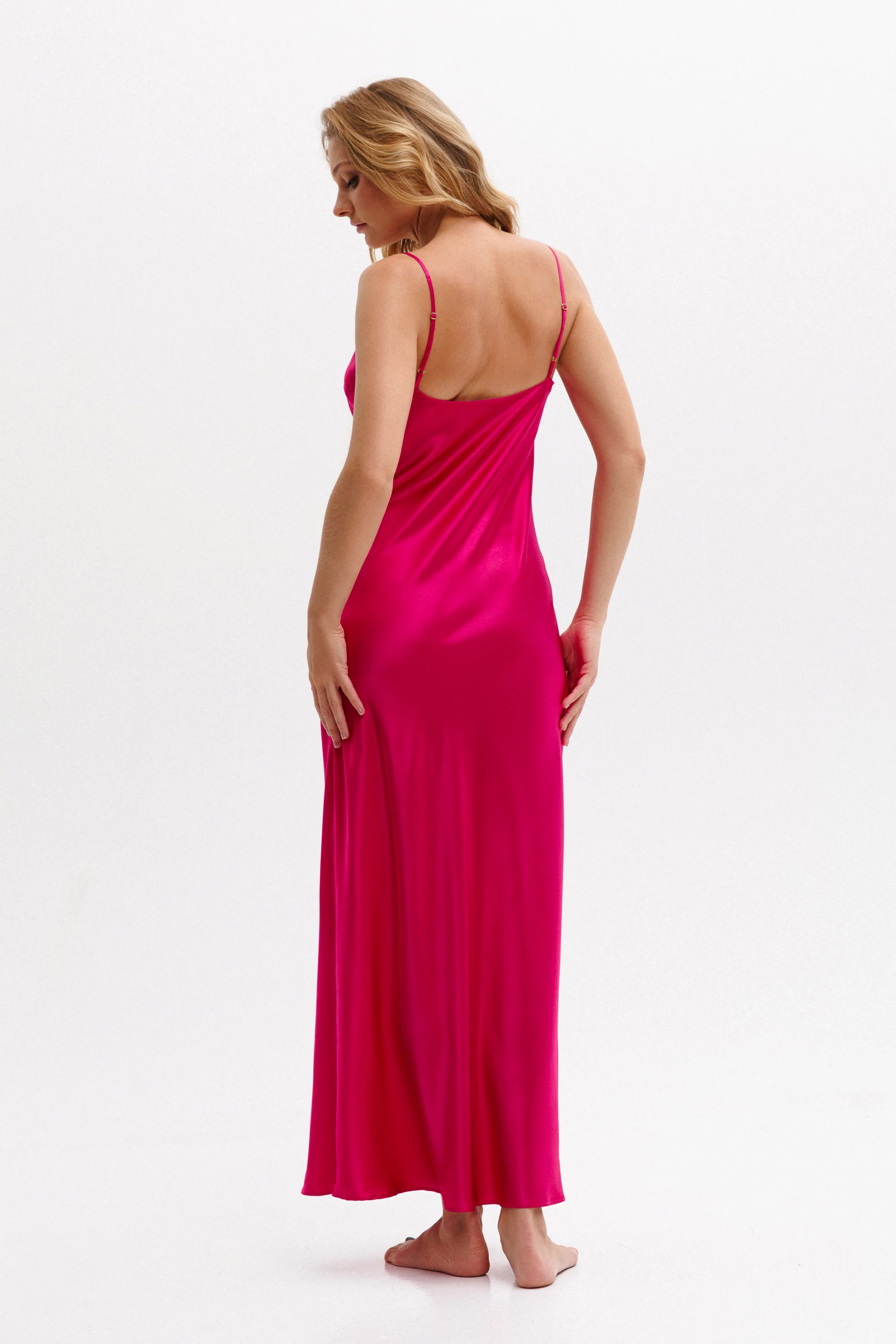 Long Silk Slip Dress in Fuchsia