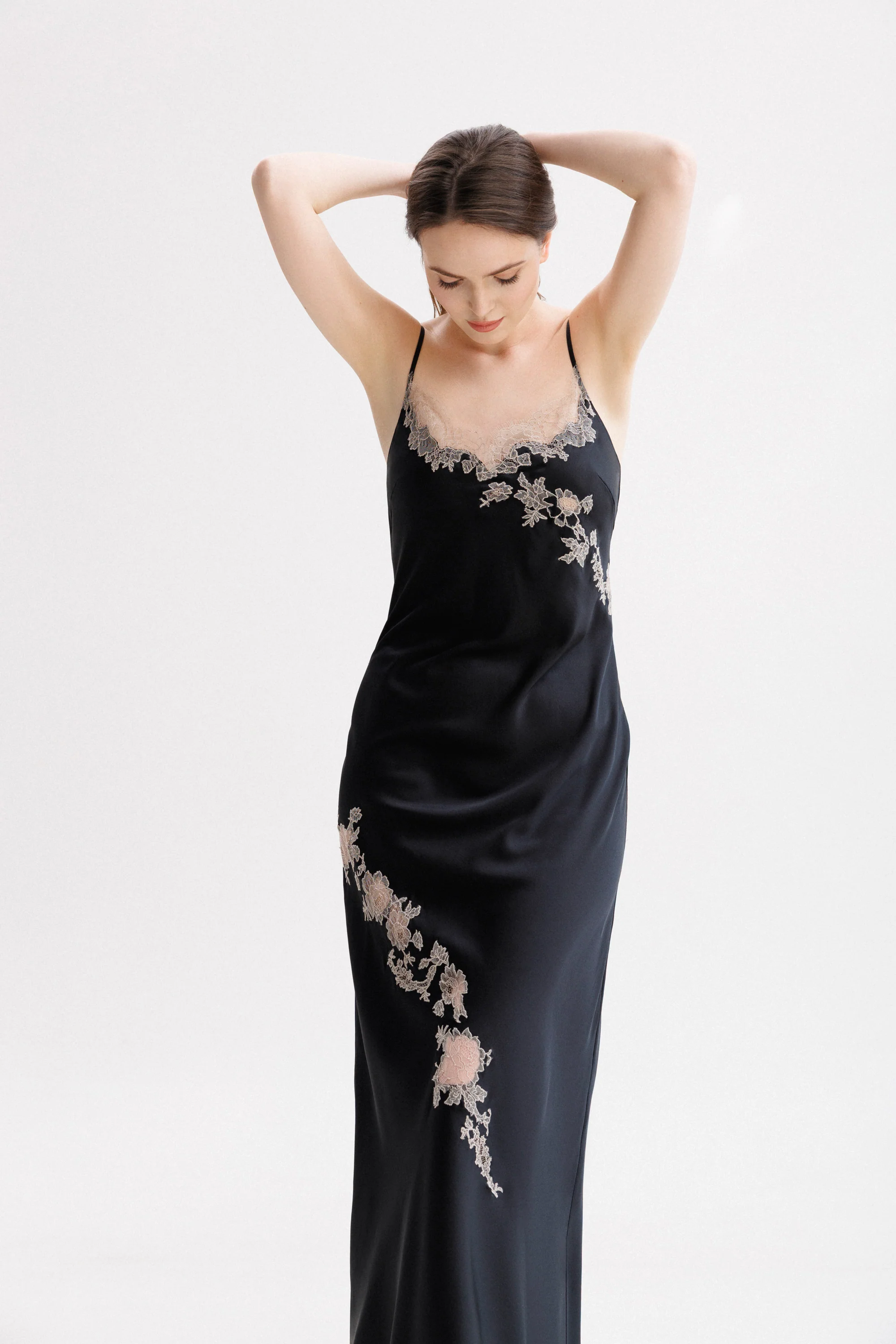 Long Silk Slip Dress in Black with Nude Caudry Lace
