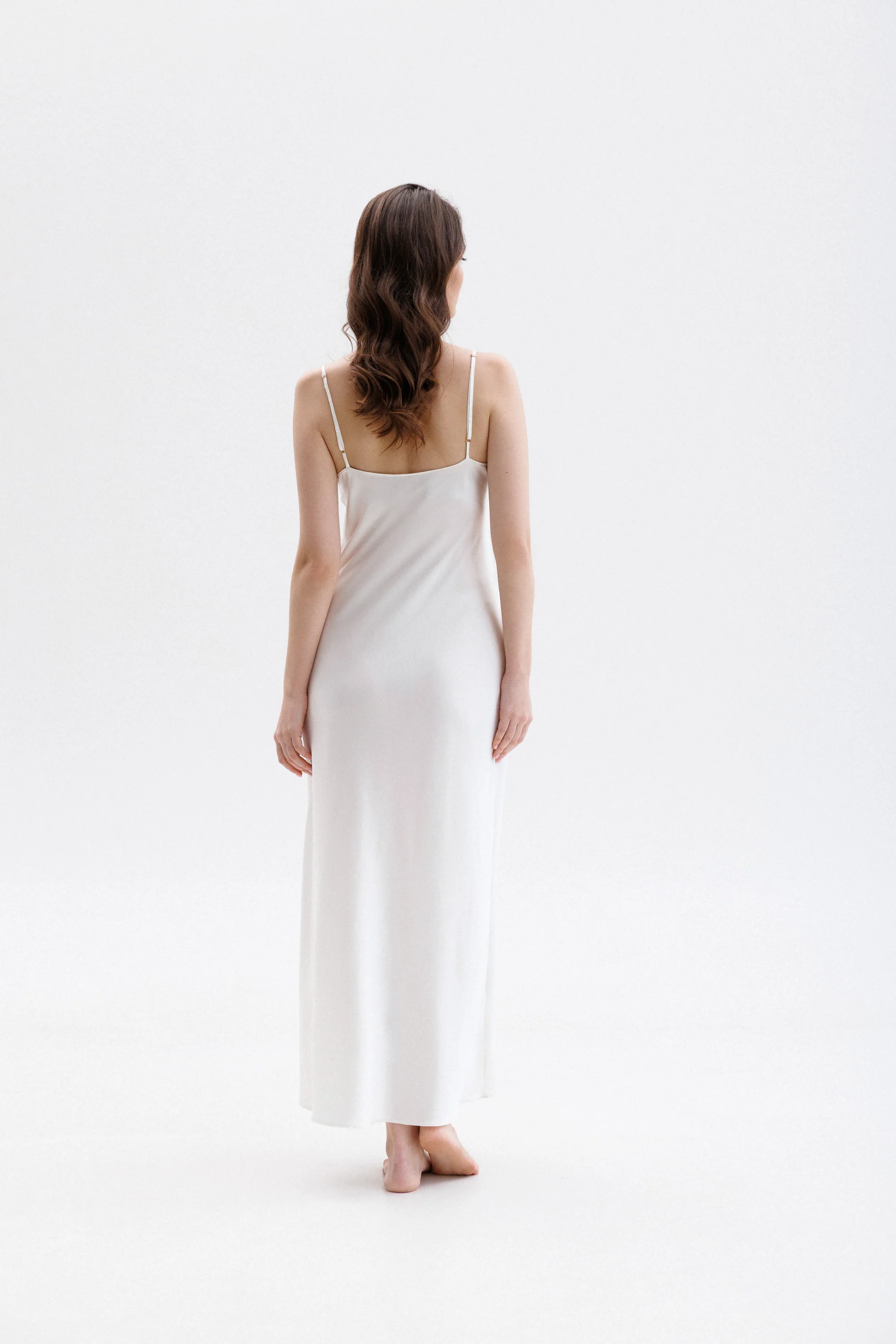 Long Silk Slip Dress in Ivory with Ivory Caudry Lace