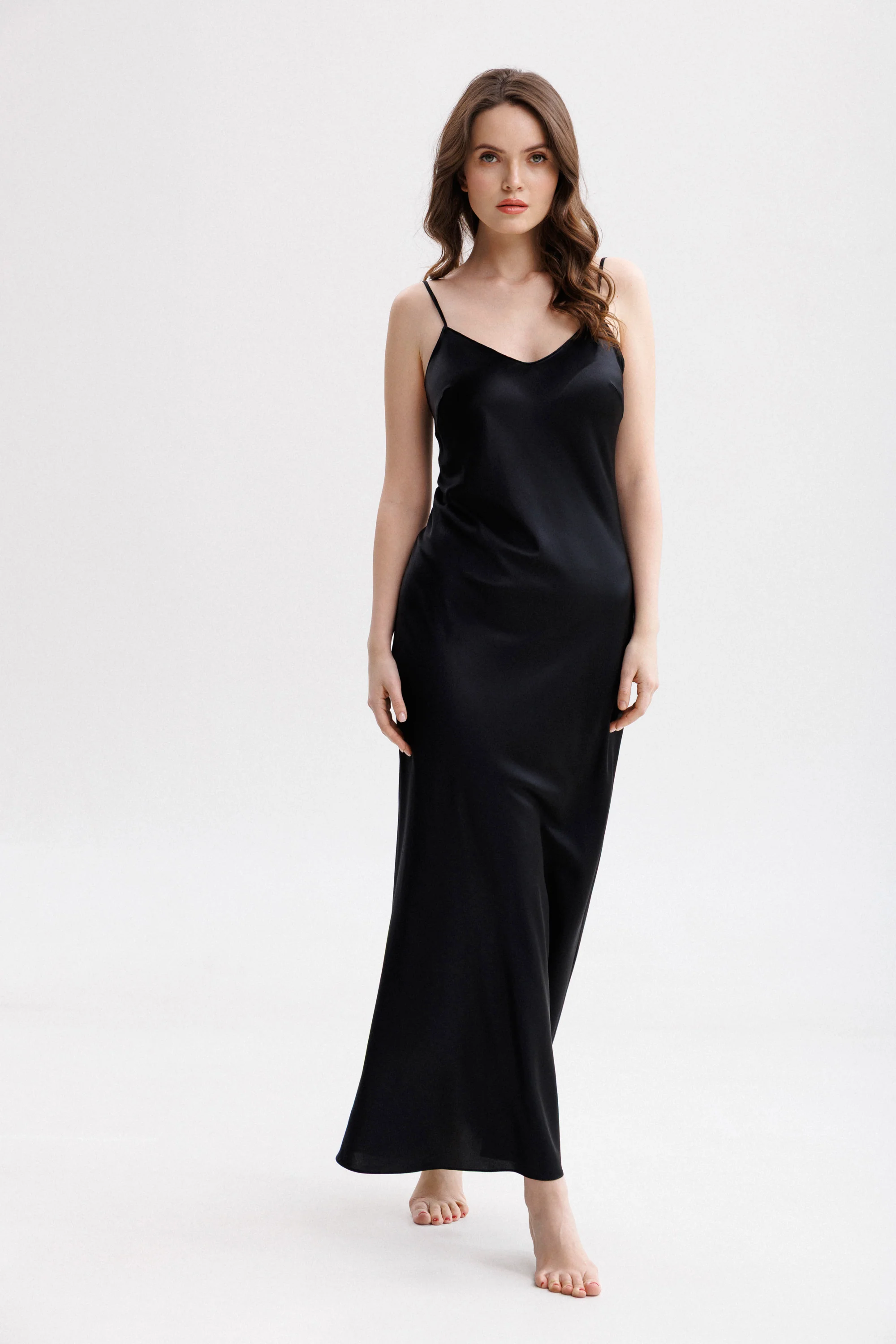 Long Silk Slip Dress in Black