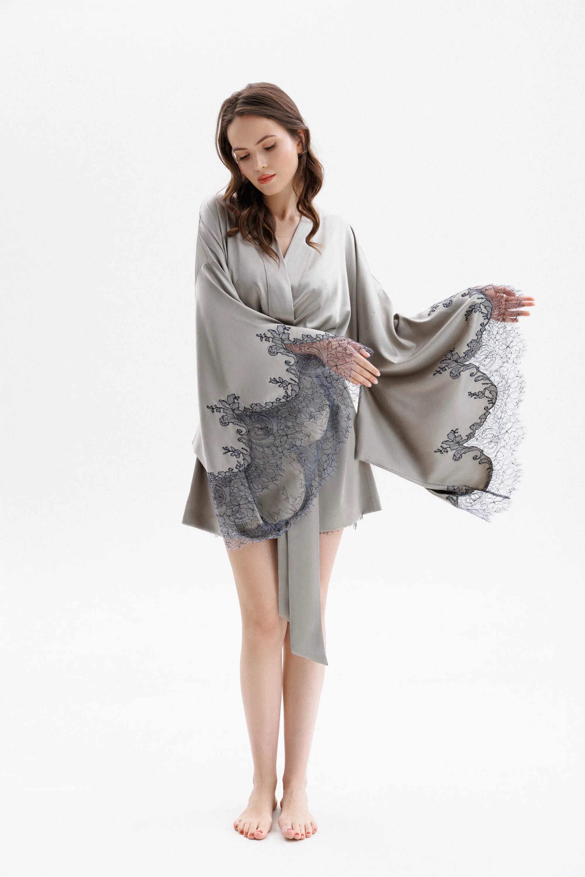 Short Silk Kimono in Grey with Anthracite  Leavers Lace