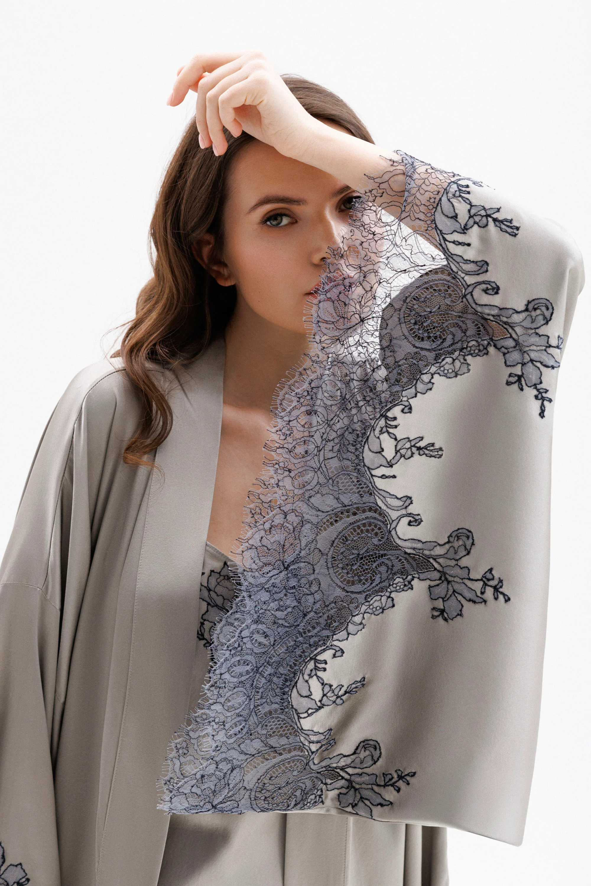 Short Silk Kimono in Grey with Anthracite  Leavers Lace