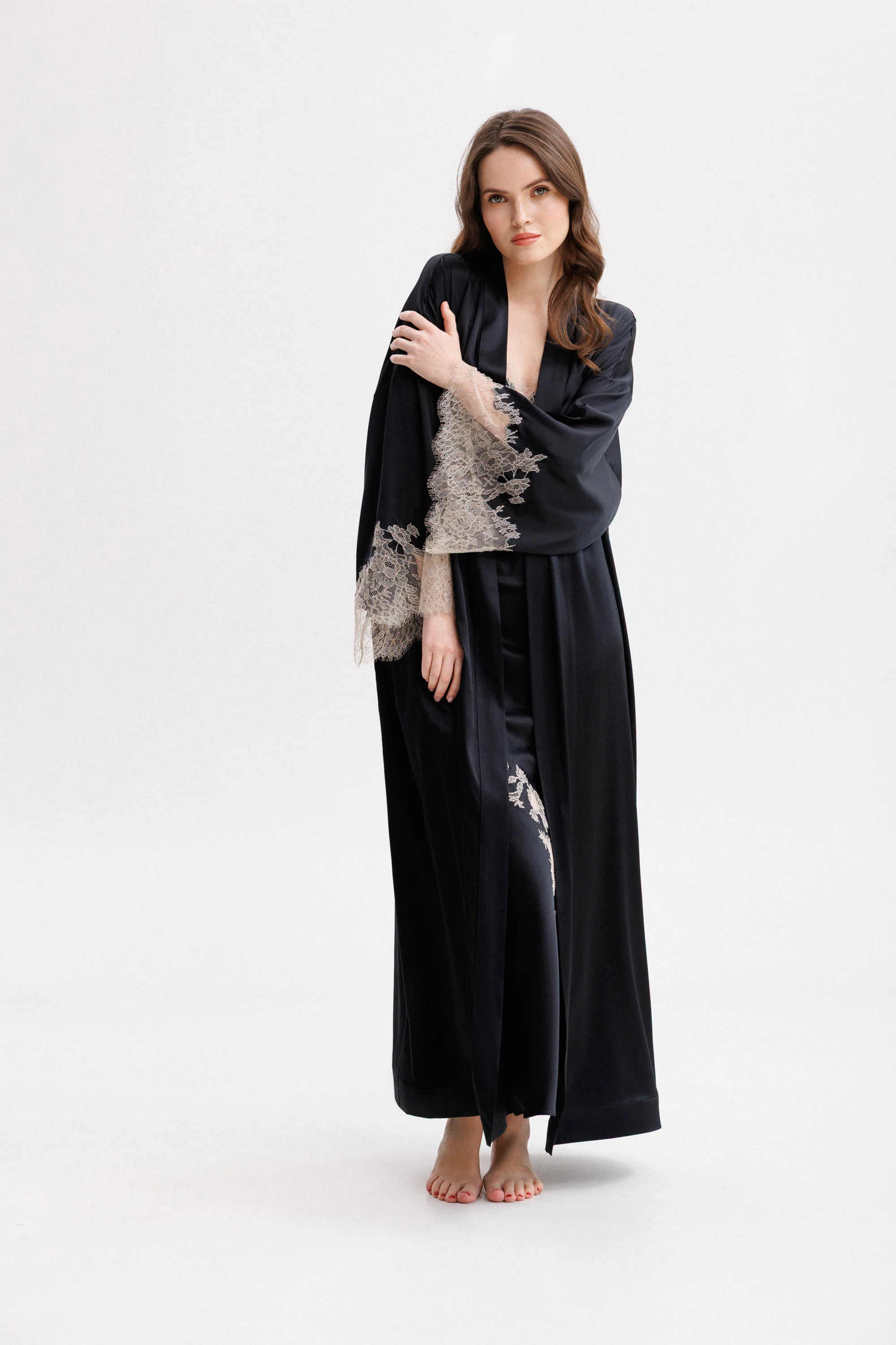 Long Silk Kimono in Black with Nude Caudry Lace