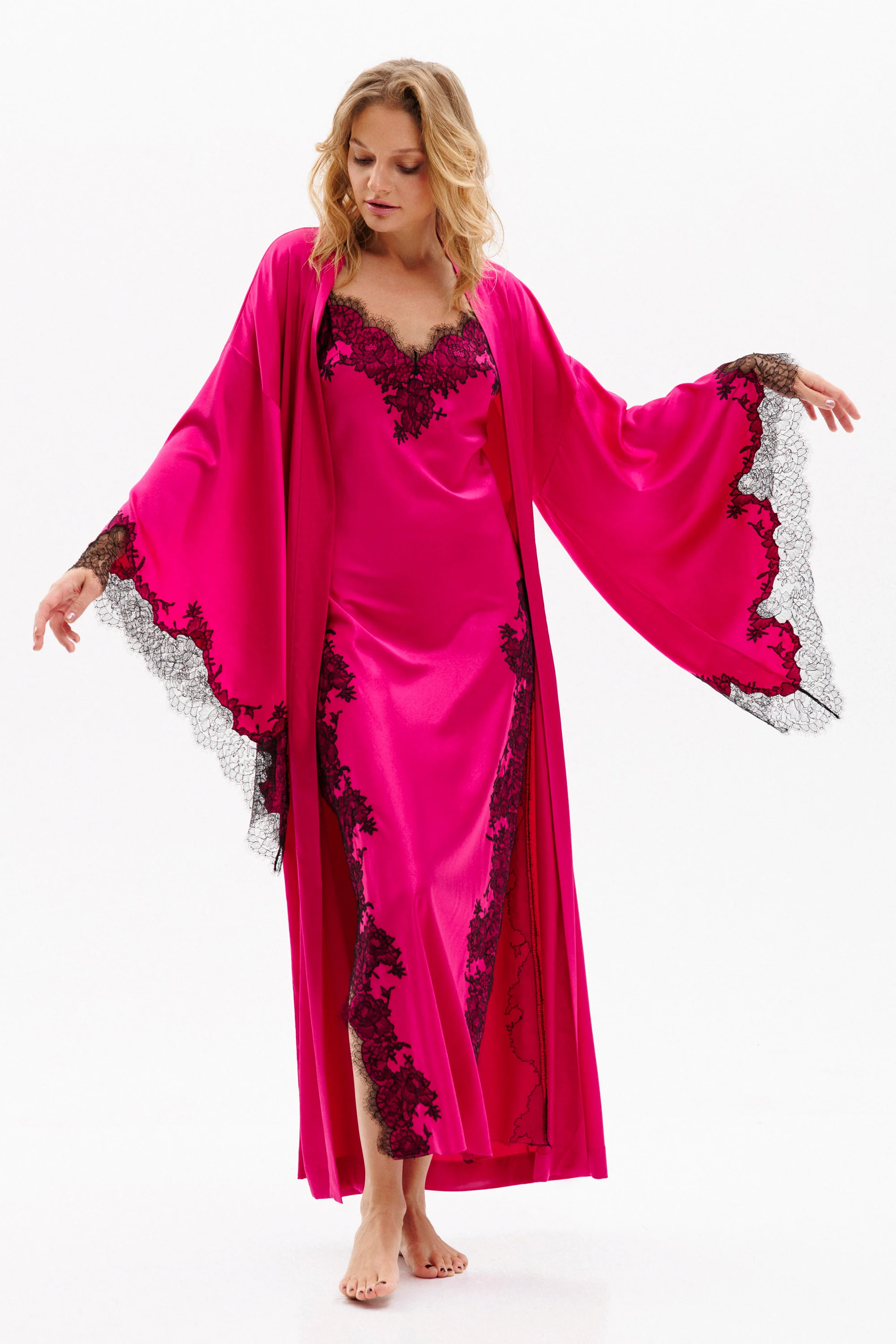 Veloura Long Silk Slip Dress in Fuchsia with Black Caudry Lace