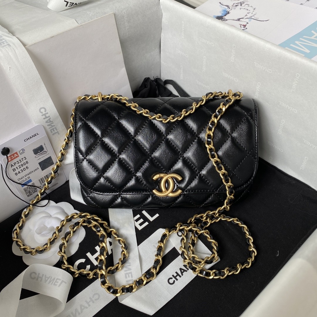 Chanel 23A Advanced Handicraft ShopSeries Black Gold Leather Chain Piercing Bag AP3373, Top Quality