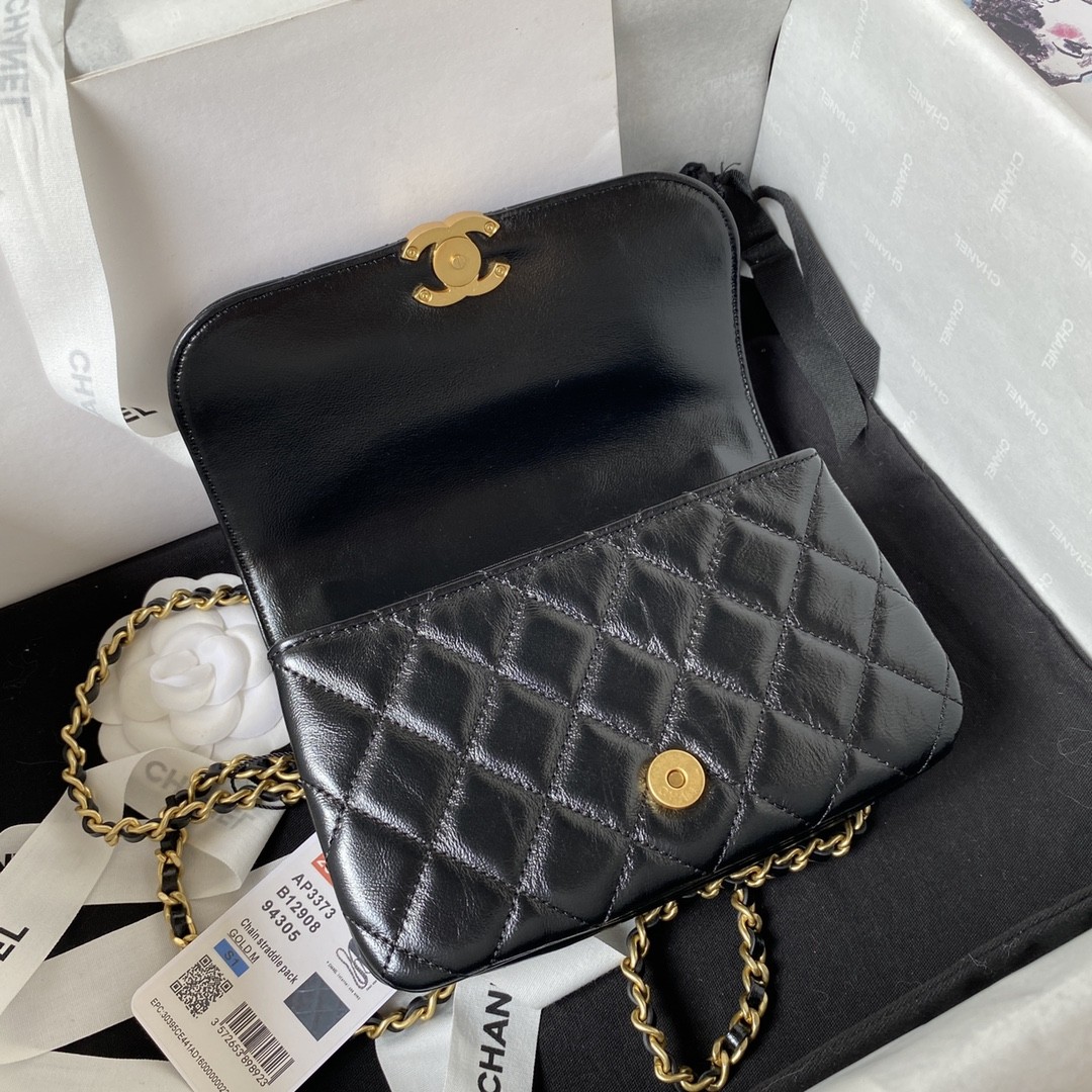 Chanel 23A Advanced Handicraft ShopSeries Black Gold Leather Chain Piercing Bag AP3373, Top Quality