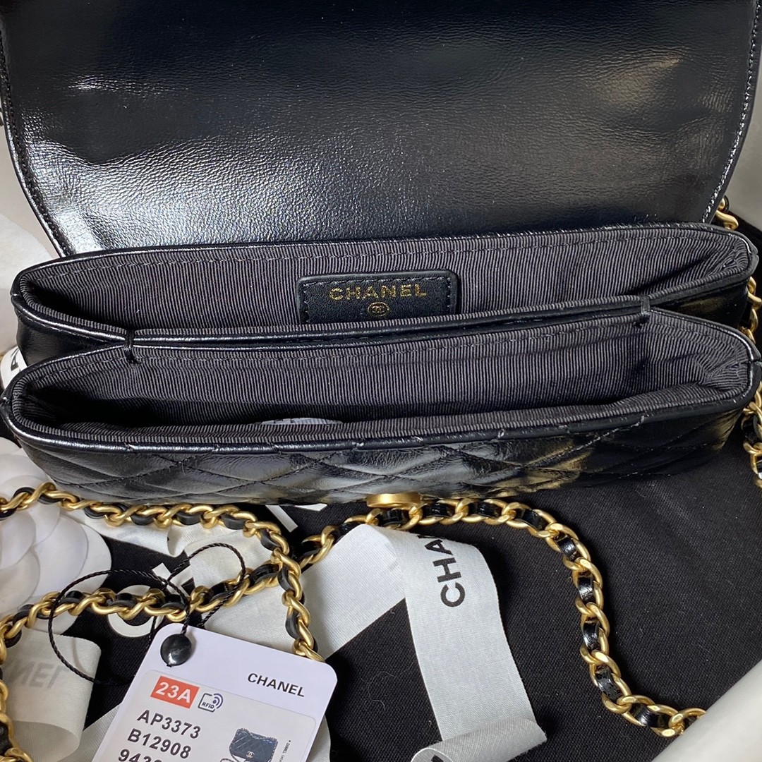Chanel 23A Advanced Handicraft ShopSeries Black Gold Leather Chain Piercing Bag AP3373, Top Quality