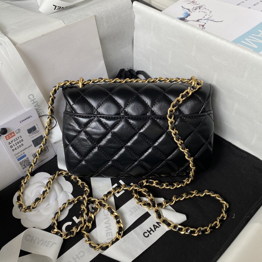 Chanel 23A Advanced Handicraft ShopSeries Black Gold Leather Chain Piercing Bag AP3373, Top Quality