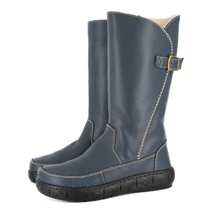 Maluju : Ladies 100% Wool-Lined Leather Mid-Calf Boot in Denim