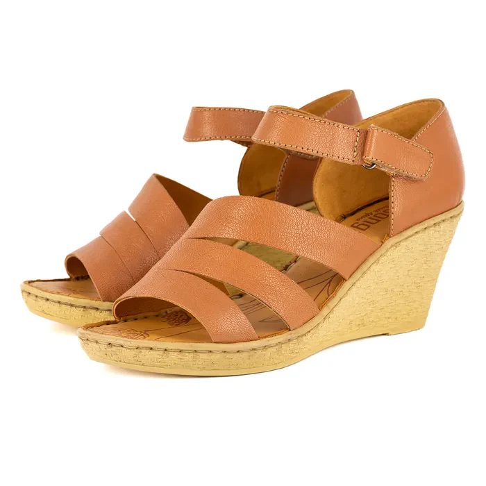 Nontle : Ladies Leather High-Heel Wedge Sandal in Oak