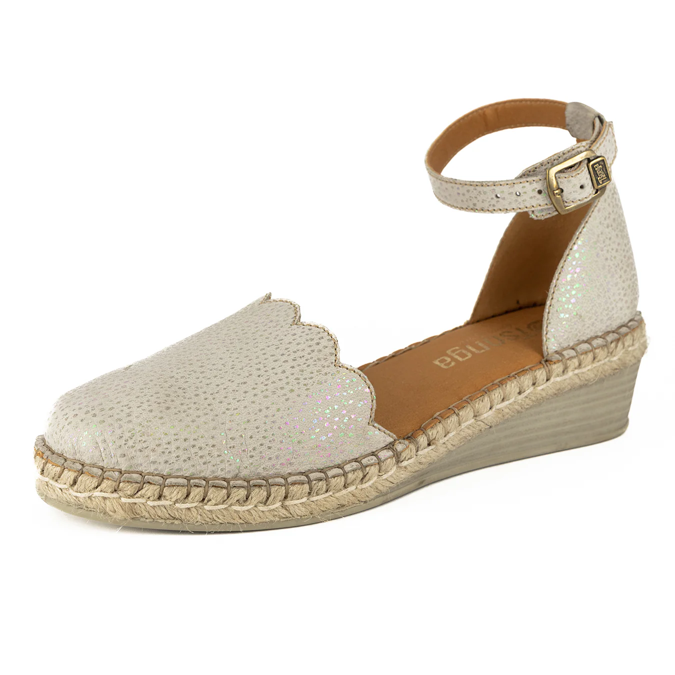 Inkantolo : Ladies Leather Wedge Espadrille in Stone Brillo