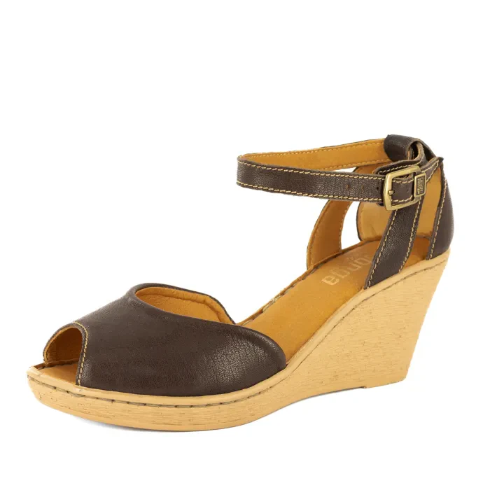 Wanyaza : Ladies Leather High-Heel Wedge Sandal in Coffee