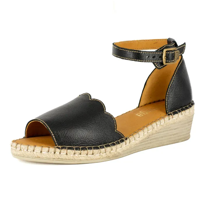 Pulika : Ladies Leather Wedge Espadrille in Black Cayak