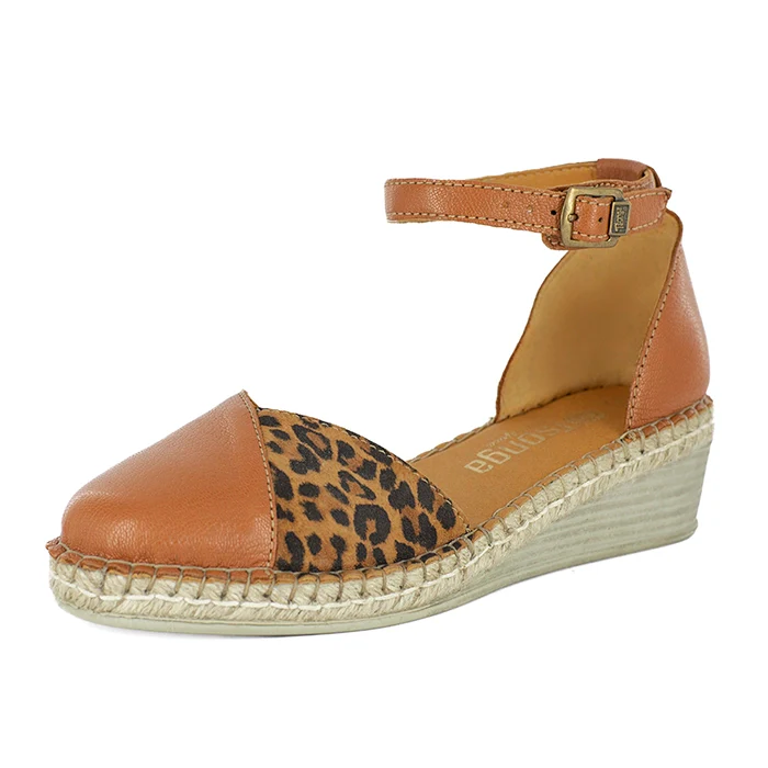Mirembe : Ladies Leather Wedge Espadrille in Oak & Spotted Lisoto