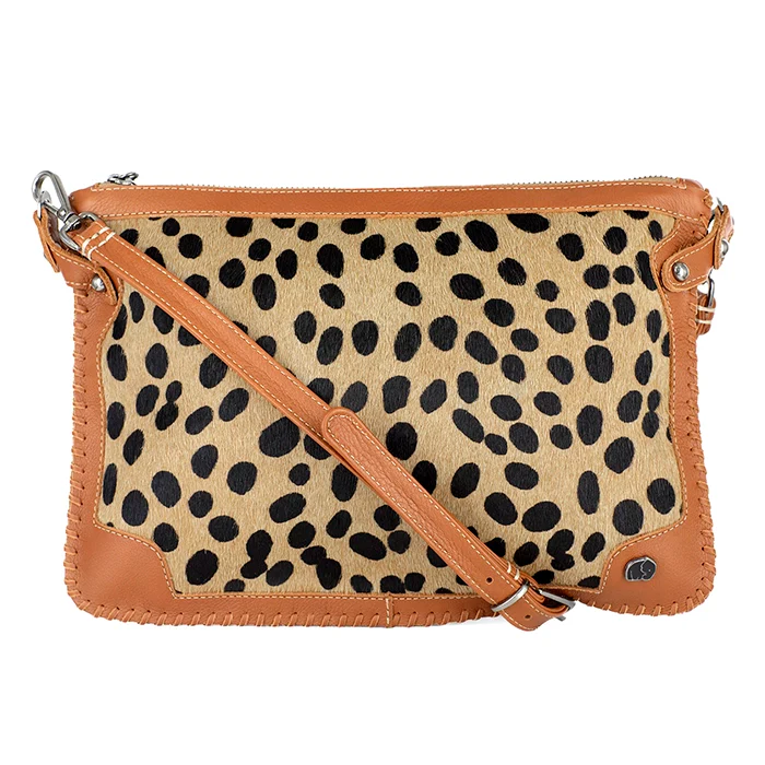 Maduva : Ladies Leather Crossbody Handbag in Spotted Print & Oak