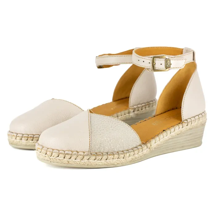 Mirembe : Ladies Leather Wedge Espadrille in Cream & Stone