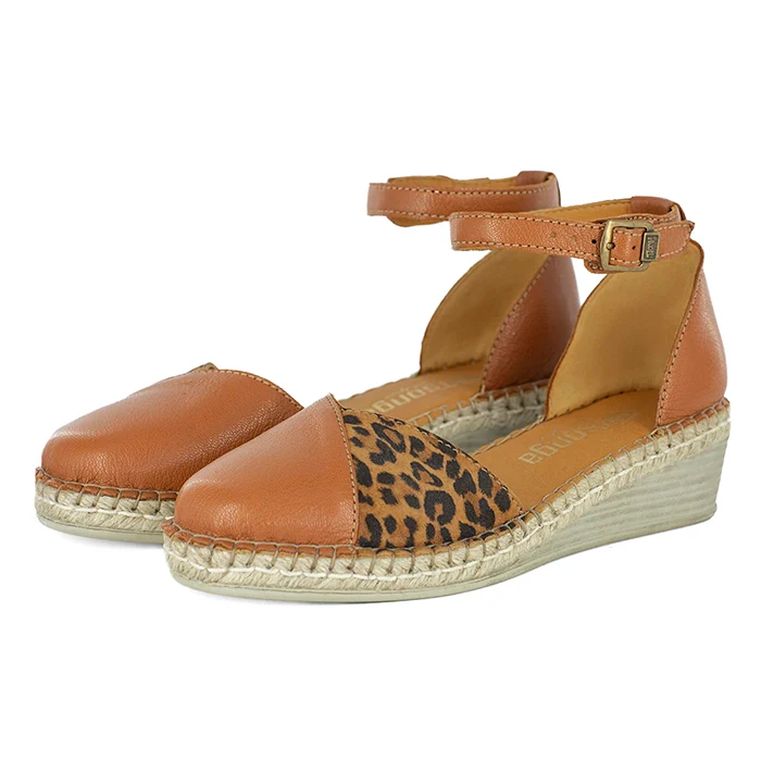 Mirembe : Ladies Leather Wedge Espadrille in Oak & Spotted Lisoto