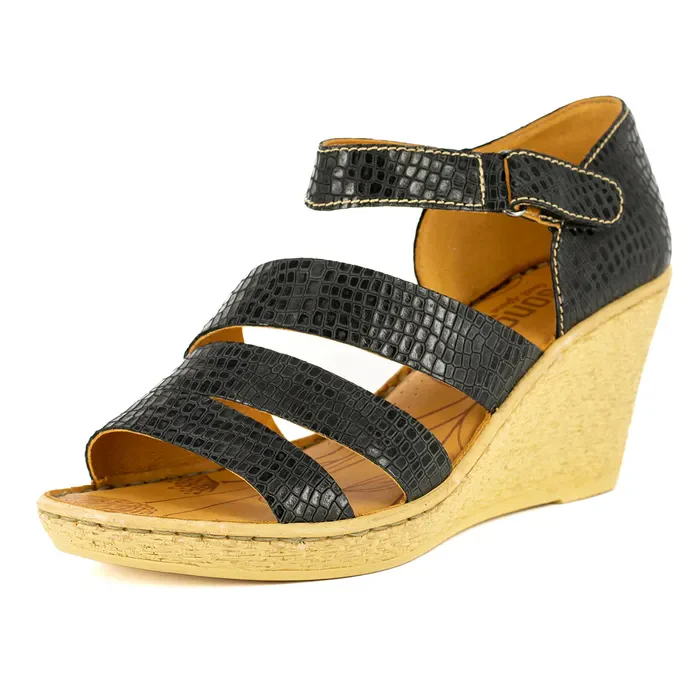 Nontle : Ladies Leather High-Heel Wedge Sandal in Black