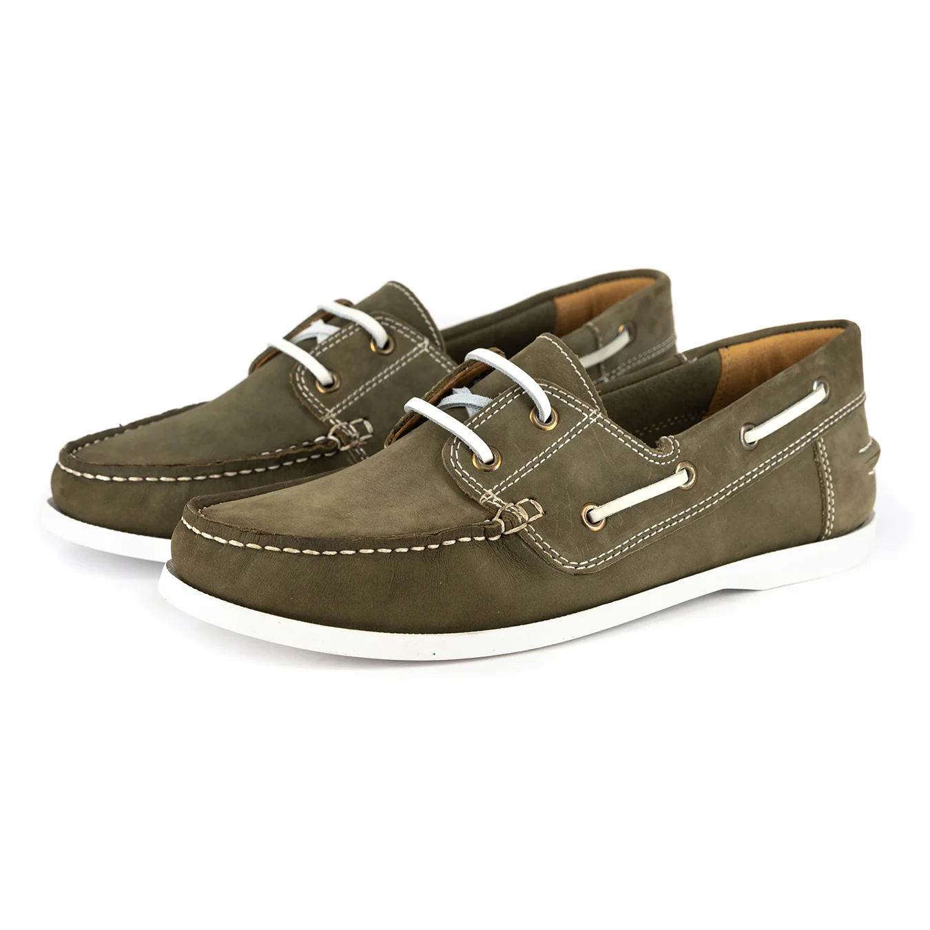 Exwaya : Mens Leather Boat Shoe in Olive Nubuck