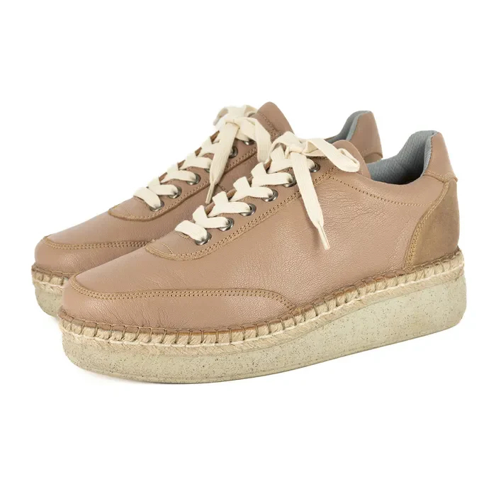 Vuyani : Ladies Leather Platform Espadrille Sneaker in Timber & Beige