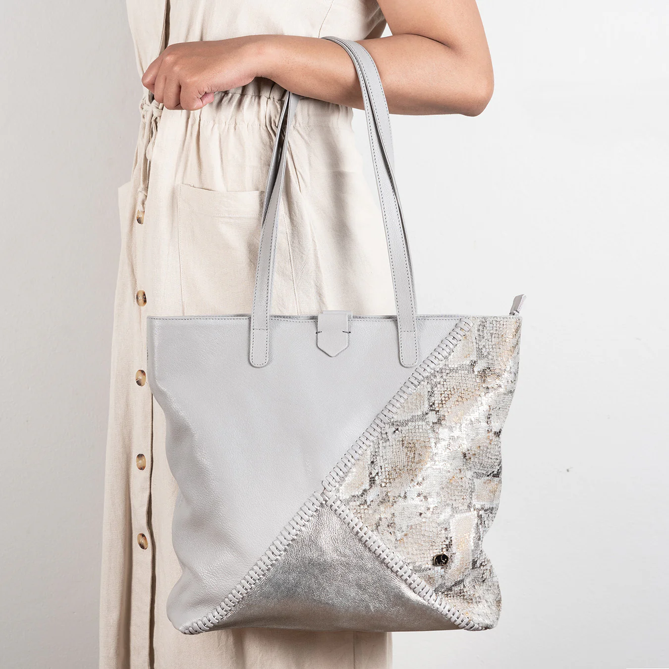 Awonke : Ladies Leather Shopper Handbag in Quarry Cayak, Tallio Grid & Opal Rockafella