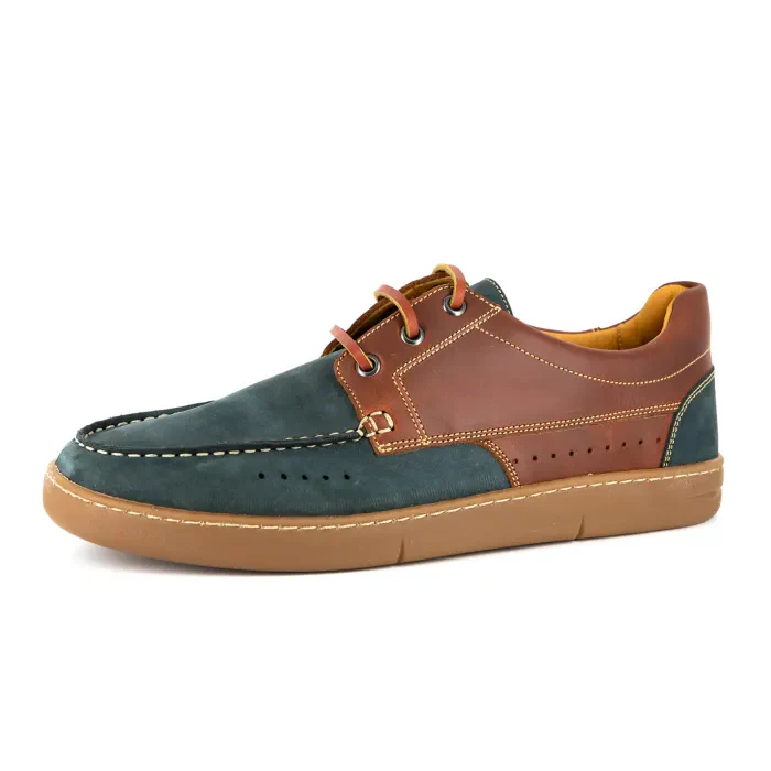 Bukekayo : Men's Leather Boat Shoe in Navy Nubuck & Light Brown Cyclone