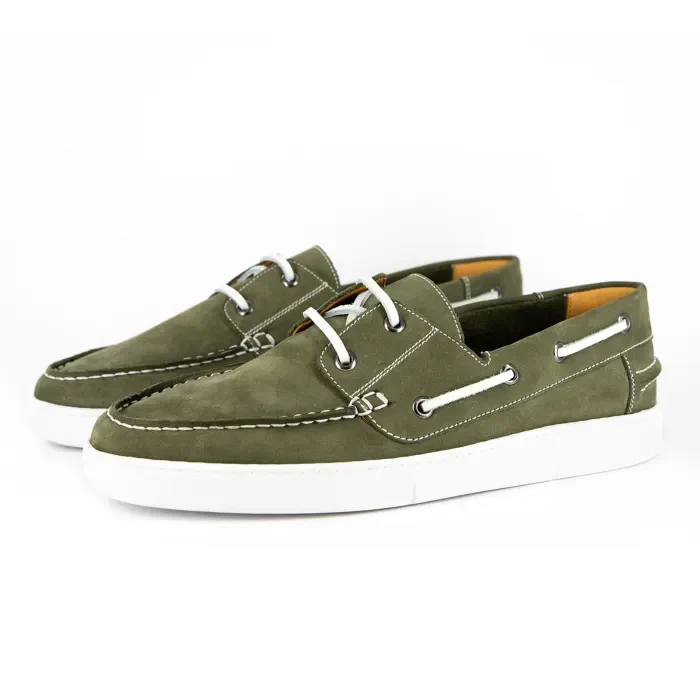 Umnyakazo : Men's Leather Boat Shoe in Olive Nubuck